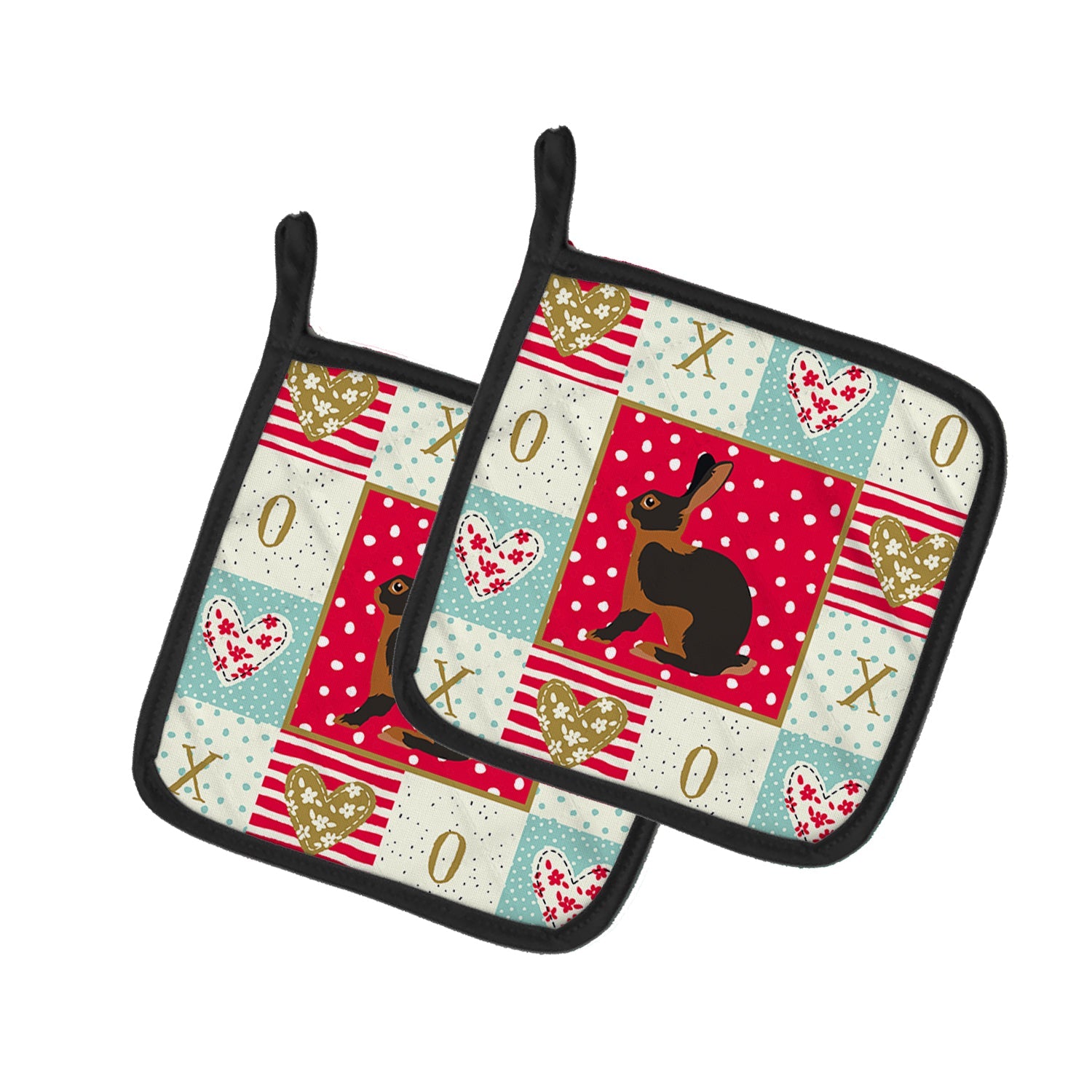 Tan Rabbit Love Pot Holder Set of 2 Heat Resistant Quilted Hot Pads 7.5 x 7.5 Inch, Insulated Kitchen Trivets for Cooking & Baking