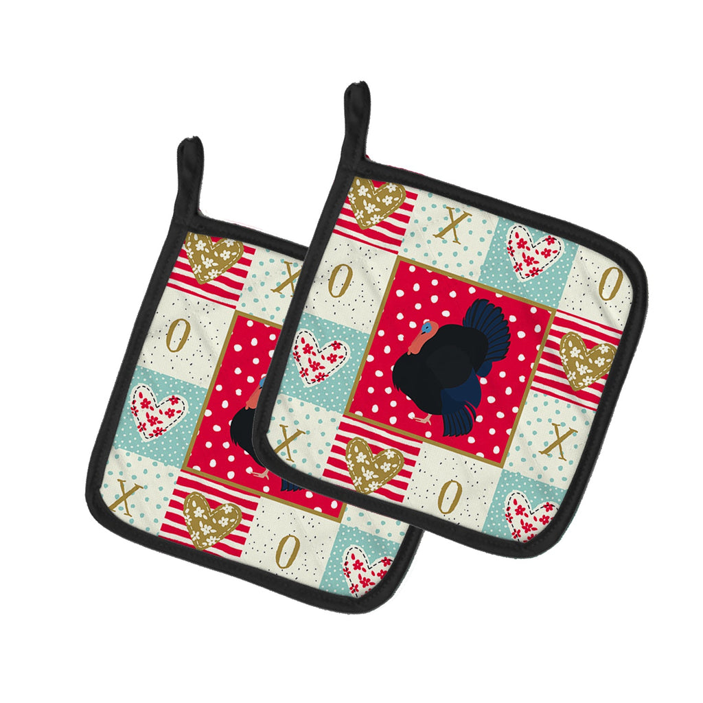 Norfolk Black Turkey Love Pot Holder Set of 2 Heat Resistant Quilted Hot Pads 7.5 x 7.5 Inch, Insulated Kitchen Trivets for Cooking & Baking