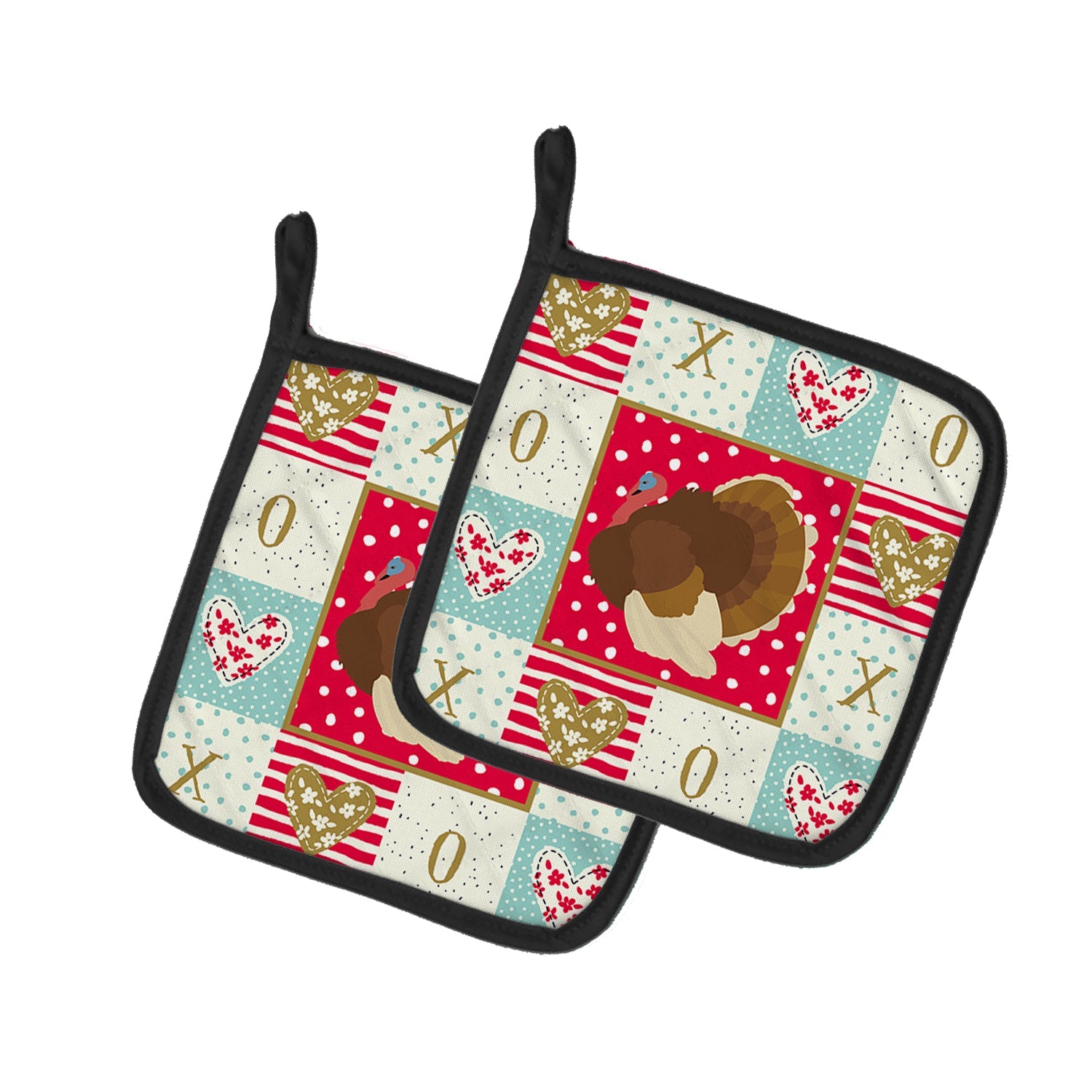 French Turkey Dindon Love Pot Holder Set of 2 Heat Resistant Quilted Hot Pads 7.5 x 7.5 Inch, Insulated Kitchen Trivets for Cooking & Baking