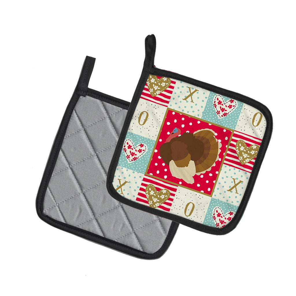 French Turkey Dindon Love Pot Holder Set of 2 Heat Resistant Quilted Hot Pads 7.5 x 7.5 Inch, Insulated Kitchen Trivets for Cooking & Baking