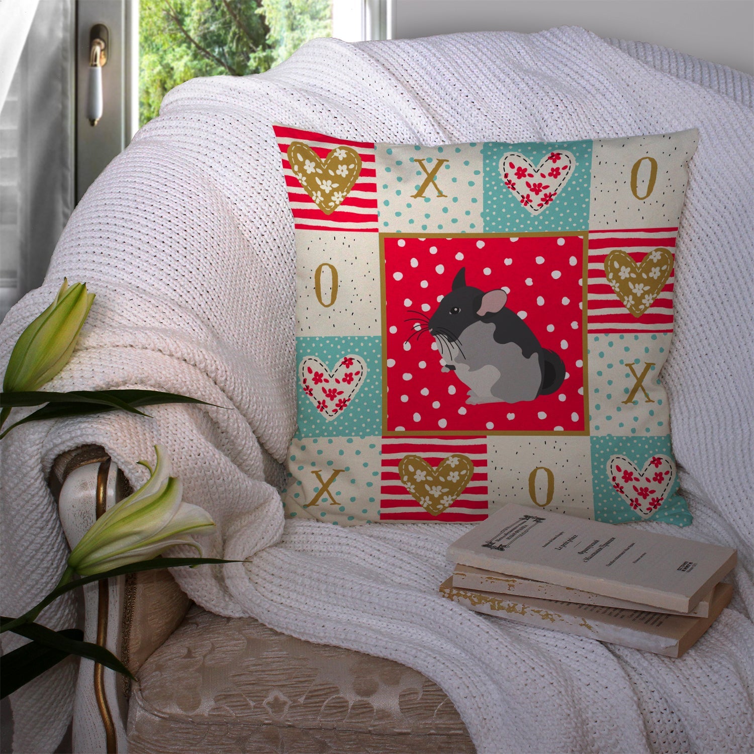 Black Velvet Chinchilla Love Decorative Throw Pillow 14x14 Indoor Outdoor Accent Cushion, Fabric Cover with Insert for Sofa, Bed, Porch & Living Room