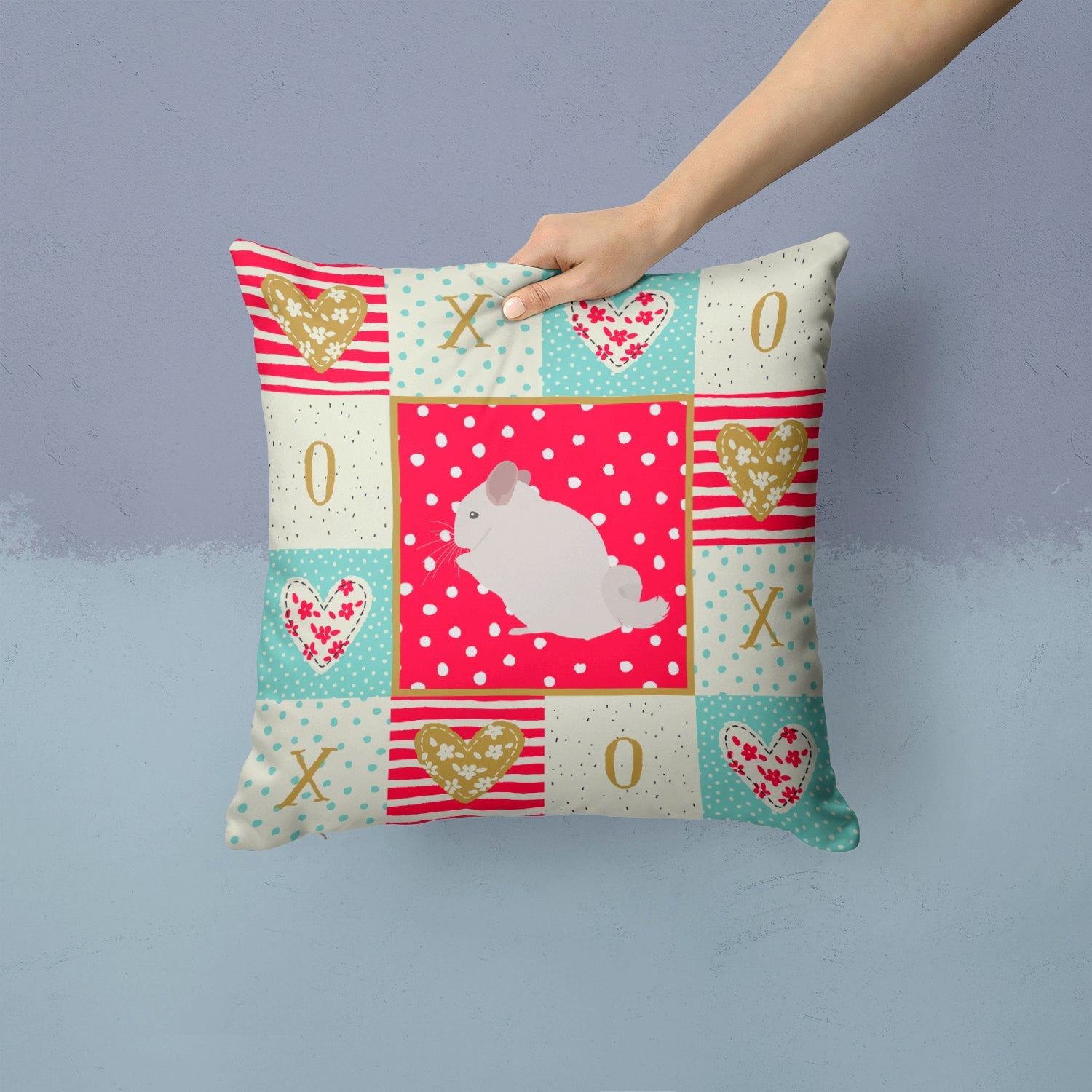Pink and White Chinchilla Love Decorative Throw Pillow 14x14 Indoor Outdoor Accent Cushion, Fabric Cover with Insert for Sofa, Bed, Porch & Living Room