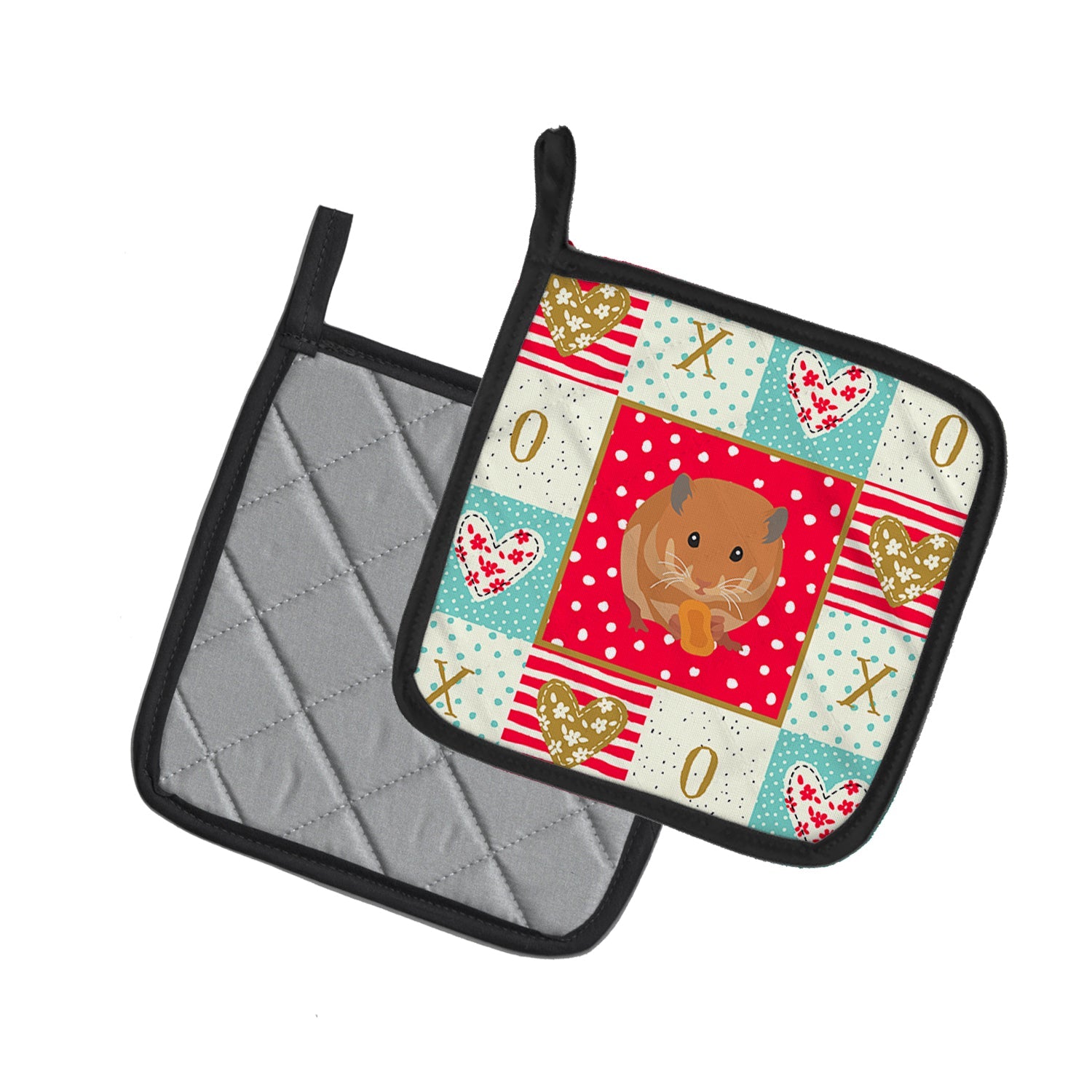 Teddy Bear Hamster Love Pot Holder Set of 2 Heat Resistant Quilted Hot Pads 7.5 x 7.5 Inch, Insulated Kitchen Trivets for Cooking & Baking