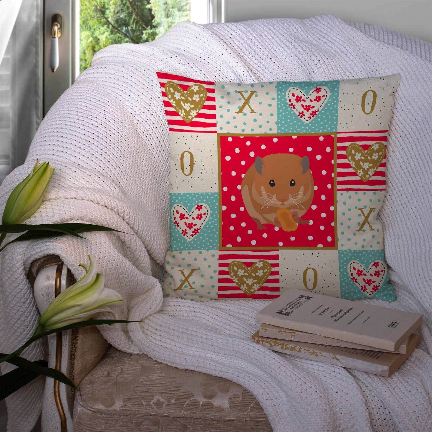 Teddy Bear Hamster Love Decorative Throw Pillow 14x14 Indoor Outdoor Accent Cushion, Fabric Cover with Insert for Sofa, Bed, Porch & Living Room
