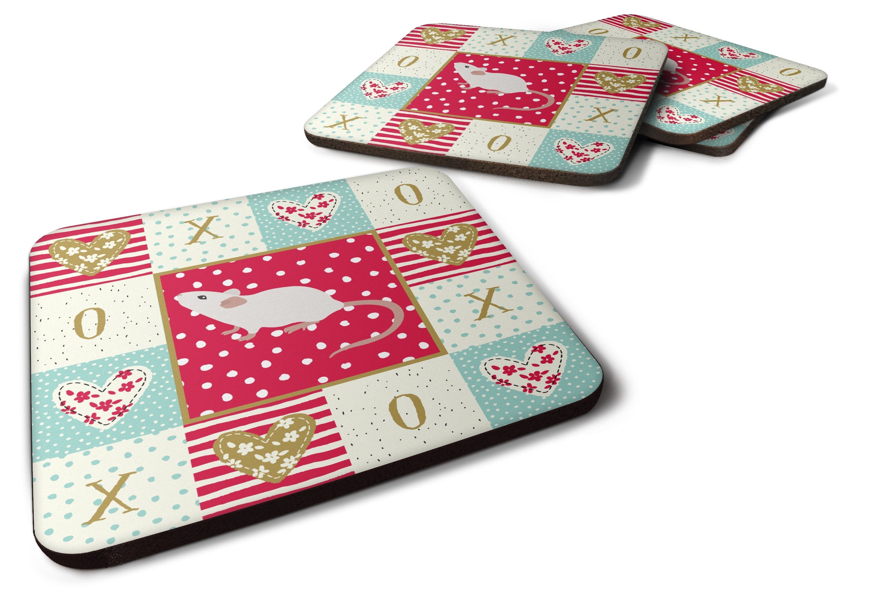 White Domestic Mouse Love Foam Coasters Set of 4 Cup Coasters for Indoor Outdoor, Tabletop Protection, Anti Slip, Mouse pad Material