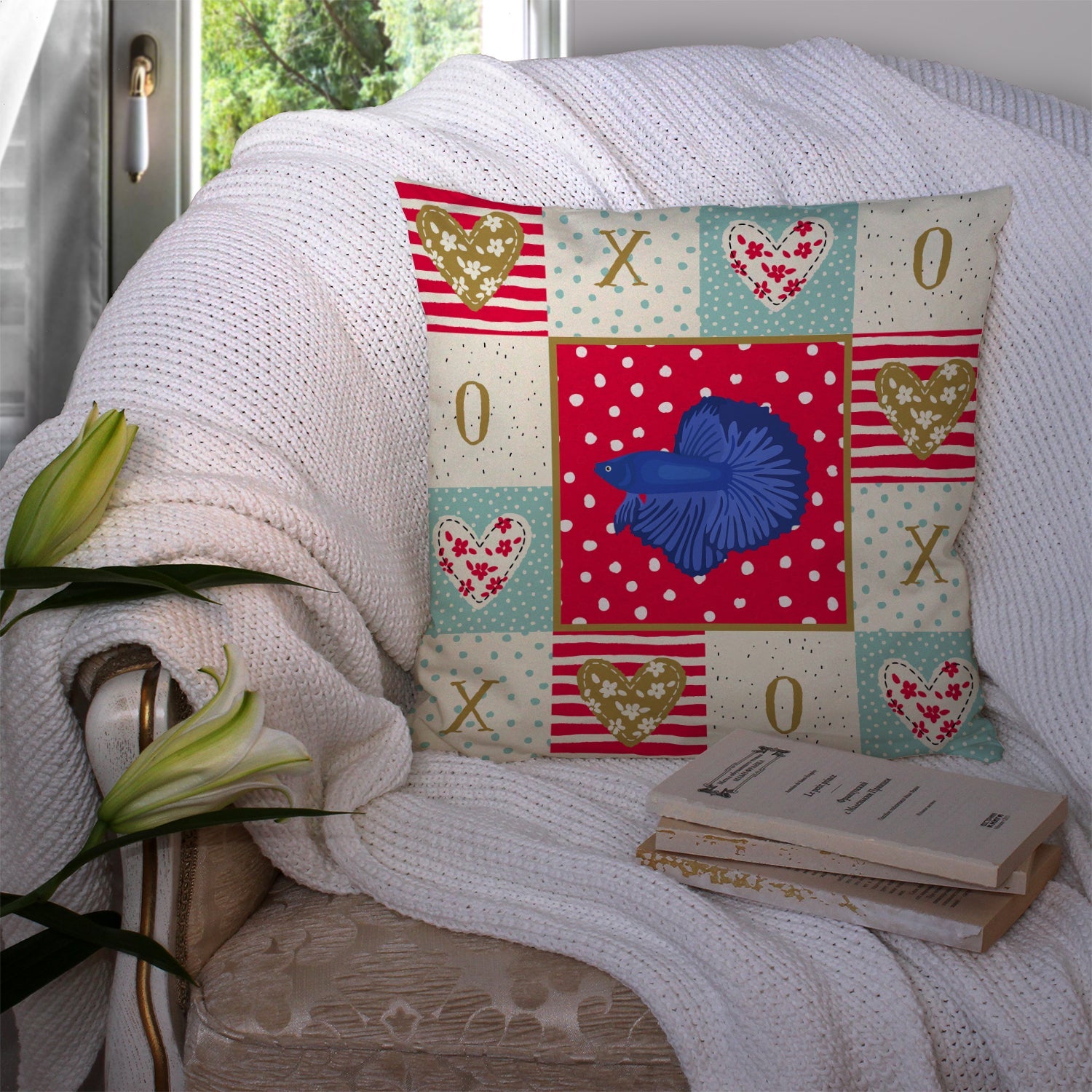 Delta Tail Betta Fish Love Decorative Throw Pillow 14x14 Indoor Outdoor Accent Cushion, Fabric Cover with Insert for Sofa, Bed, Porch & Living Room