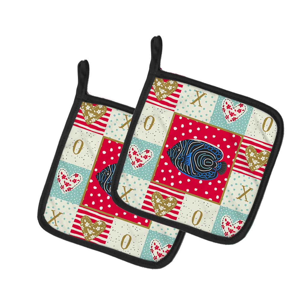 Emperor Angelfish Love Pot Holder Set of 2 Heat Resistant Quilted Hot Pads 7.5 x 7.5 Inch, Insulated Kitchen Trivets for Cooking & Baking
