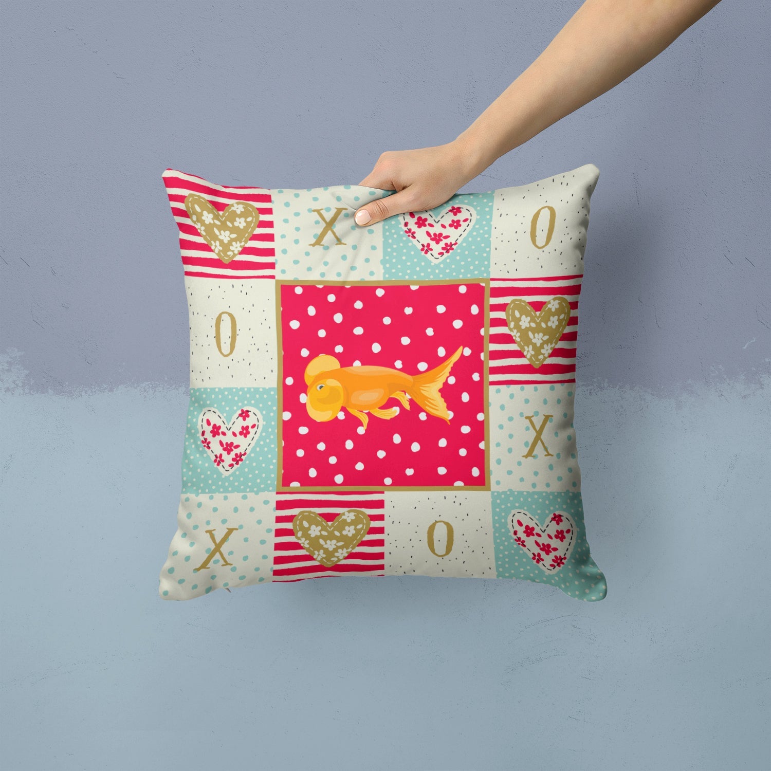 Bubble Eyed Goldfish Love Decorative Throw Pillow 14x14 Indoor Outdoor Accent Cushion, Fabric Cover with Insert for Sofa, Bed, Porch & Living Room