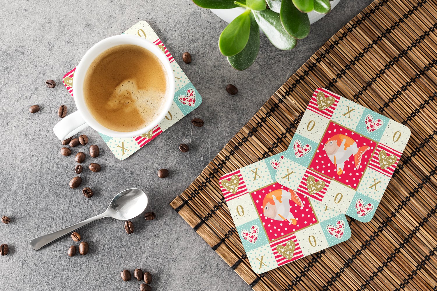 Lionhead Goldfish Love Foam Coasters Set of 4 Cup Coasters for Indoor Outdoor, Tabletop Protection, Anti Slip, Mouse pad Material