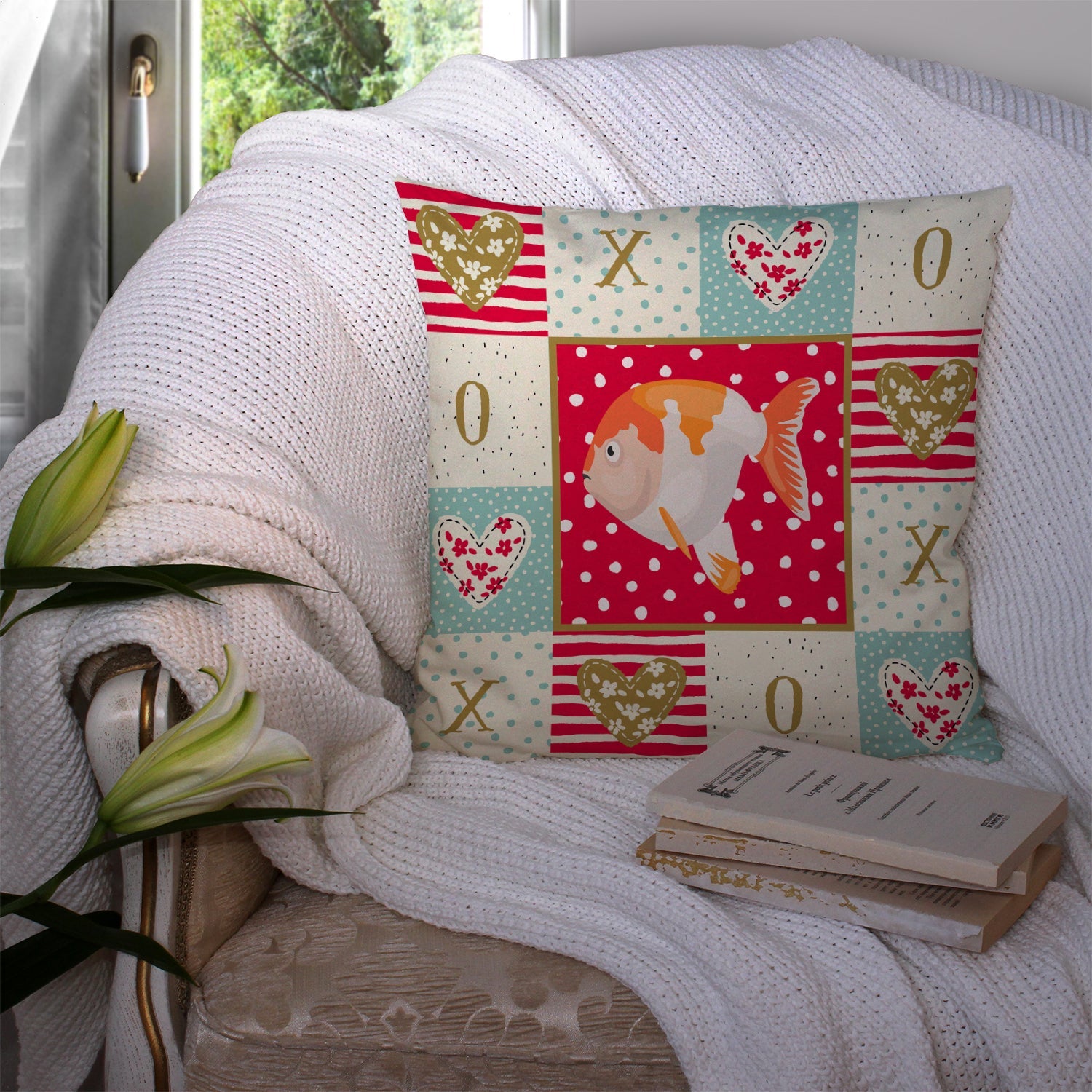 Lionhead Goldfish Love Decorative Throw Pillow 14x14 Indoor Outdoor Accent Cushion, Fabric Cover with Insert for Sofa, Bed, Porch & Living Room