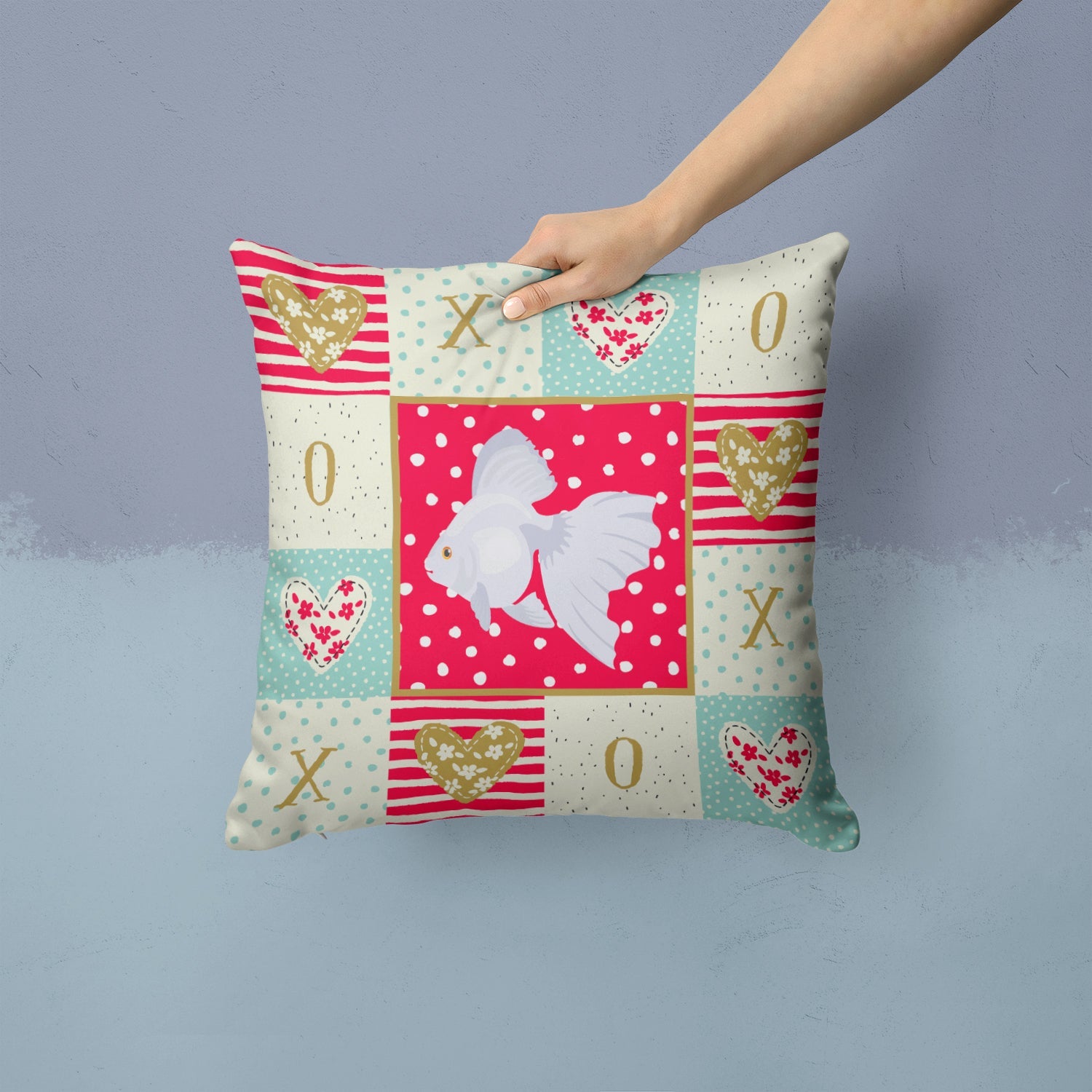 Ryukin Goldfish Love Decorative Throw Pillow 14x14 Indoor Outdoor Accent Cushion, Fabric Cover with Insert for Sofa, Bed, Porch & Living Room