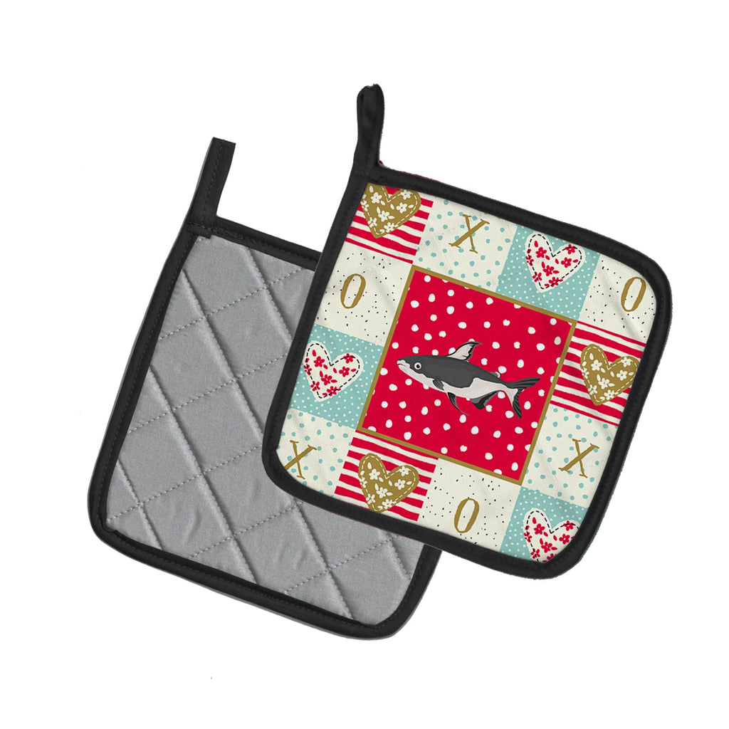 Iridescent Shark Love Pot Holder Set of 2 Heat Resistant Quilted Hot Pads 7.5 x 7.5 Inch, Insulated Kitchen Trivets for Cooking & Baking