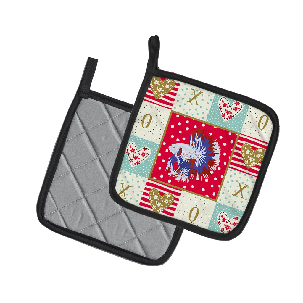 Comb Tail Betta Love Pot Holder Set of 2 Heat Resistant Quilted Hot Pads 7.5 x 7.5 Inch, Insulated Kitchen Trivets for Cooking & Baking