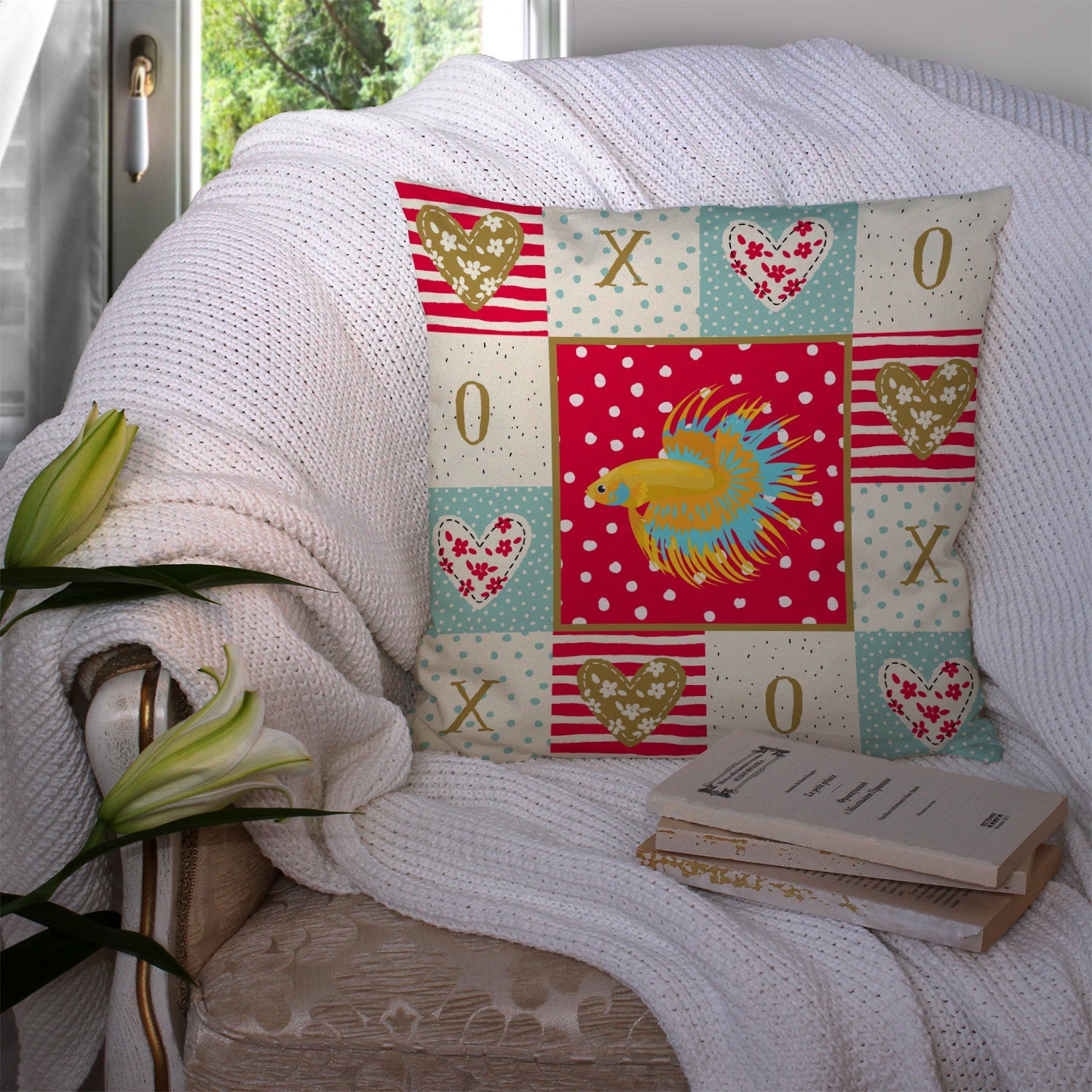 CrownTail Betta Love Decorative Throw Pillow 14x14 Indoor Outdoor Accent Cushion, Fabric Cover with Insert for Sofa, Bed, Porch & Living Room