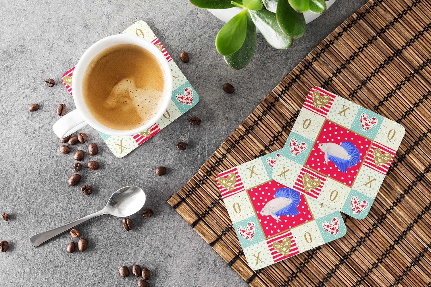 Plakat Betta Love Foam Coasters Set of 4 Cup Coasters for Indoor Outdoor, Tabletop Protection, Anti Slip, Mouse pad Material