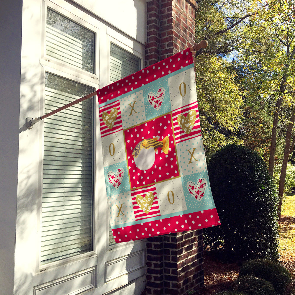 Puffer Fish Love House Flag 28x40 Porch Sleeve Pole Decorative Outside Yard Banner Artwork Wall Hanging, Polyester