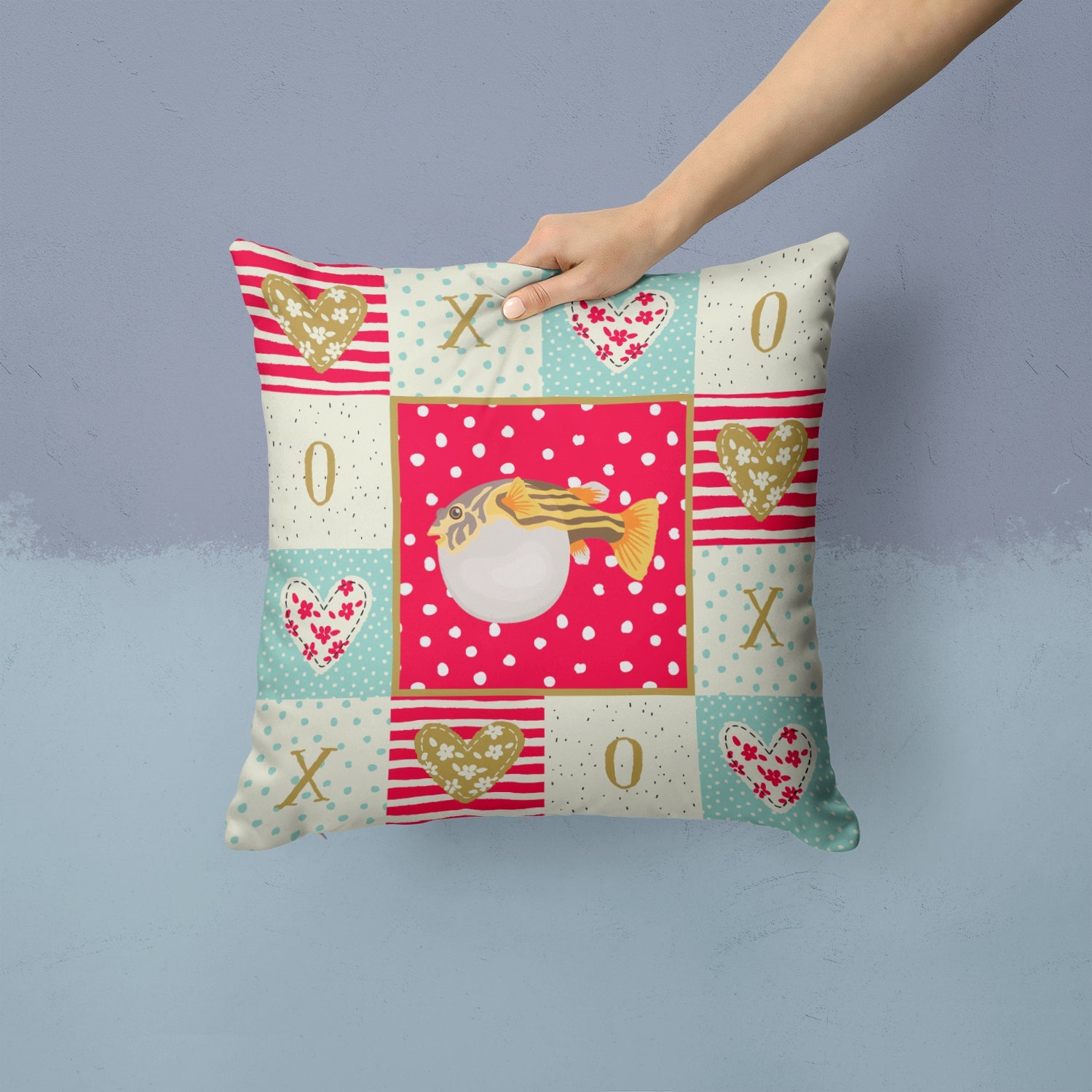 Puffer Fish Love Decorative Throw Pillow 14x14 Indoor Outdoor Accent Cushion, Fabric Cover with Insert for Sofa, Bed, Porch & Living Room