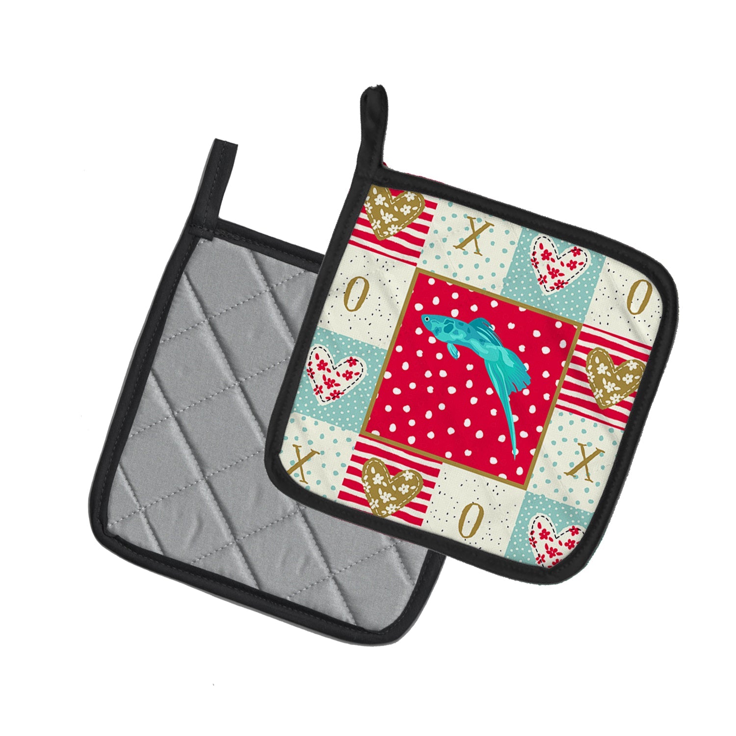 Sword Tail Guppy Love Pot Holder Set of 2 Heat Resistant Quilted Hot Pads 7.5 x 7.5 Inch, Insulated Kitchen Trivets for Cooking & Baking