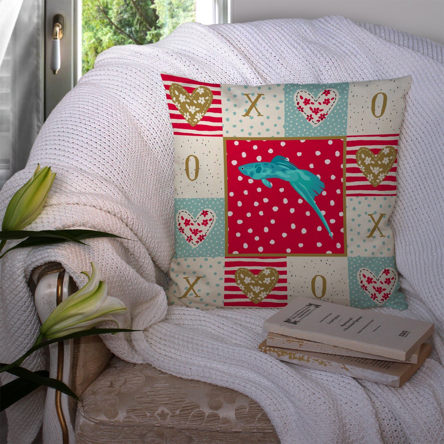 Sword Tail Guppy Love Decorative Throw Pillow 14x14 Indoor Outdoor Accent Cushion, Fabric Cover with Insert for Sofa, Bed, Porch & Living Room