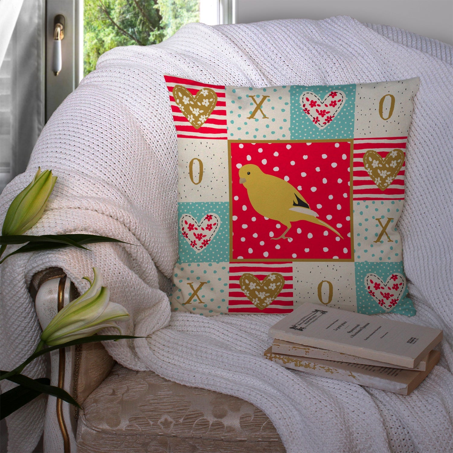 Border Canary Love Decorative Throw Pillow 14x14 Indoor Outdoor Accent Cushion, Fabric Cover with Insert for Sofa, Bed, Porch & Living Room