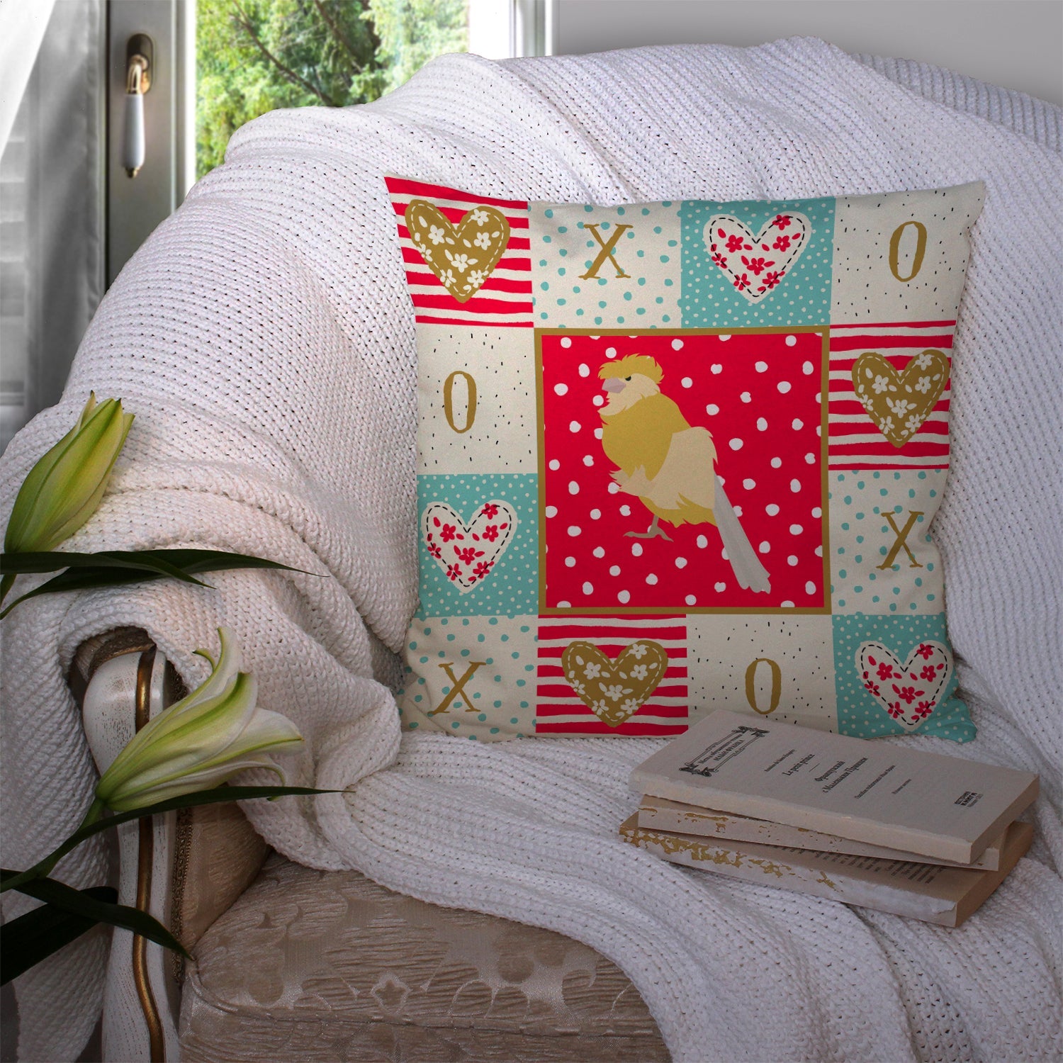 French Curly Canary Love Decorative Throw Pillow 14x14 Indoor Outdoor Accent Cushion, Fabric Cover with Insert for Sofa, Bed, Porch & Living Room