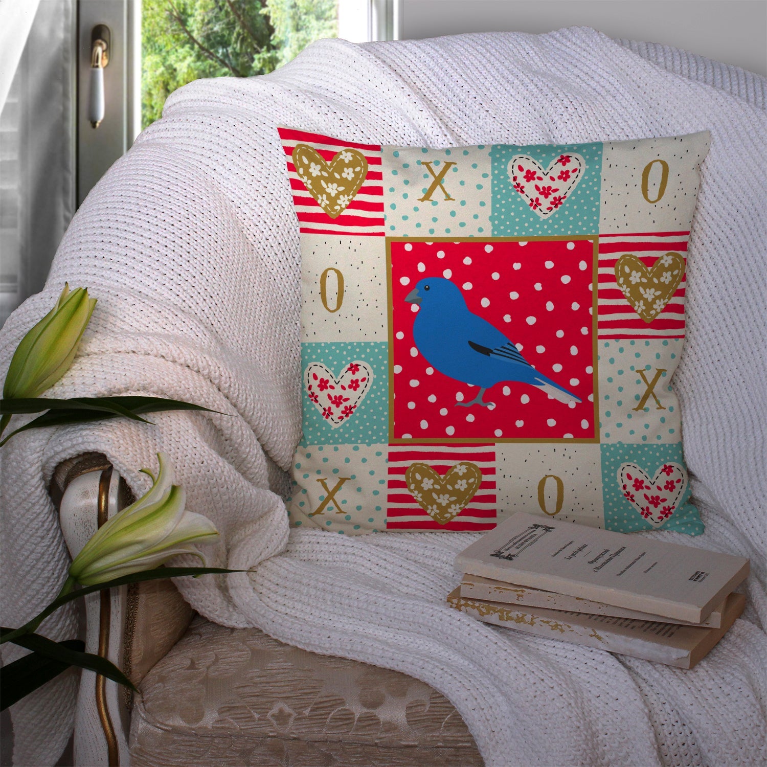 Bunting Love Decorative Throw Pillow 14x14 Indoor Outdoor Accent Cushion, Fabric Cover with Insert for Sofa, Bed, Porch & Living Room