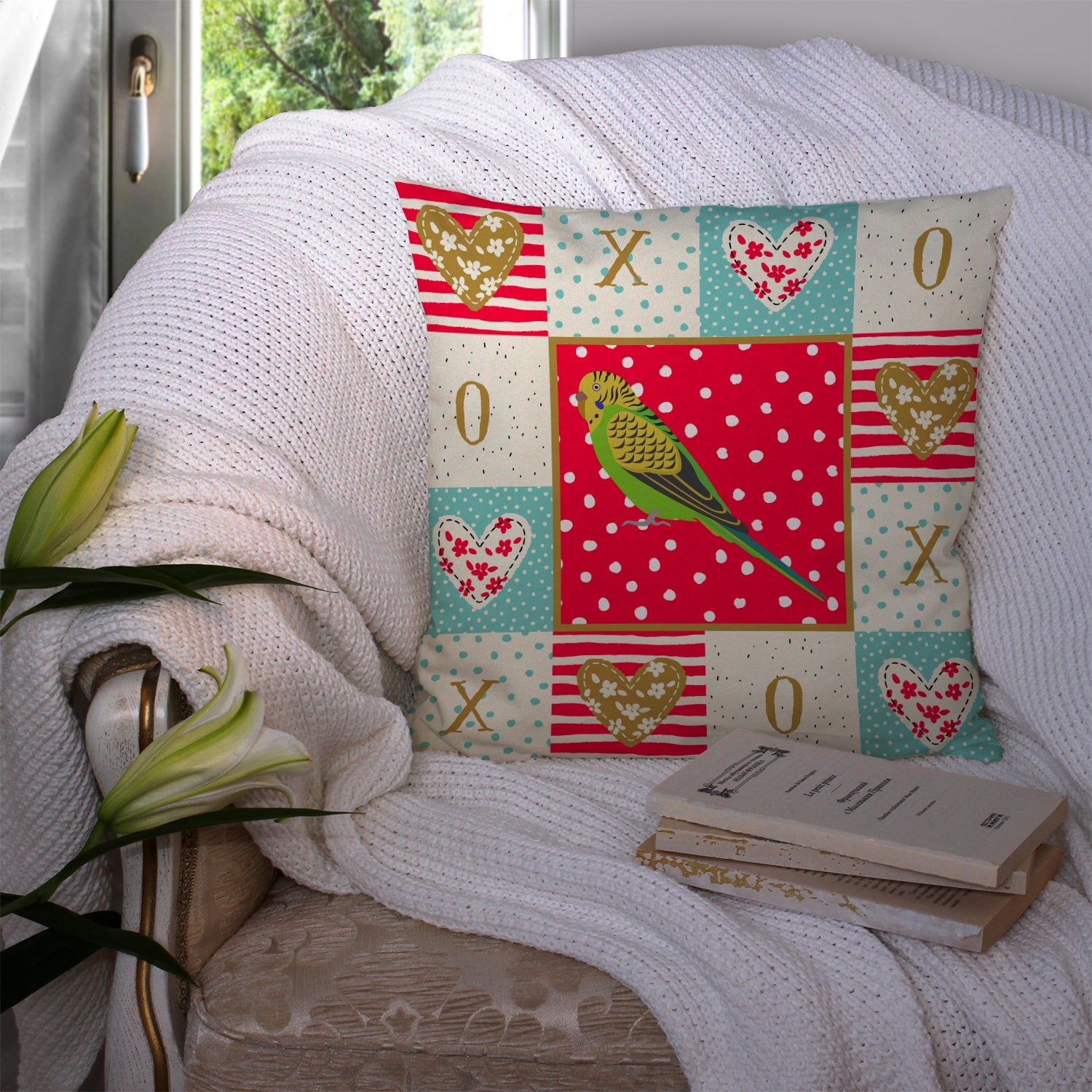 Budgerigar Love Decorative Throw Pillow 14x14 Indoor Outdoor Accent Cushion, Fabric Cover with Insert for Sofa, Bed, Porch & Living Room