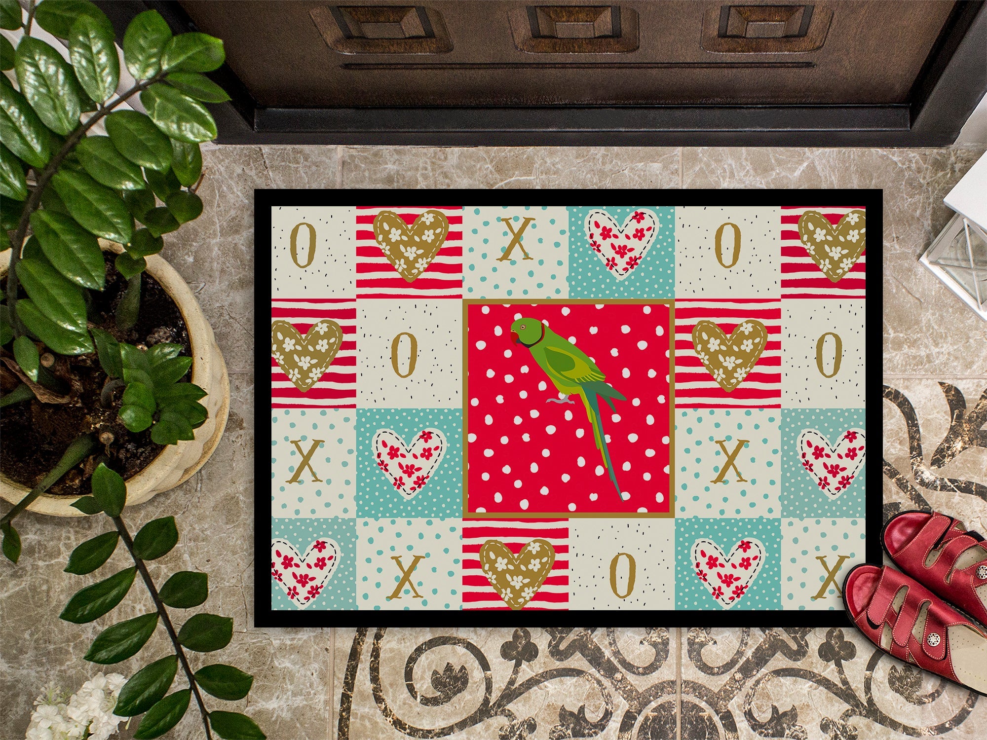 Ring-Necked Parakeet Love Doormat Indoor Outdoor 18H X 27W Front Door Mat Rugs for Entryway, Non Slip Washable