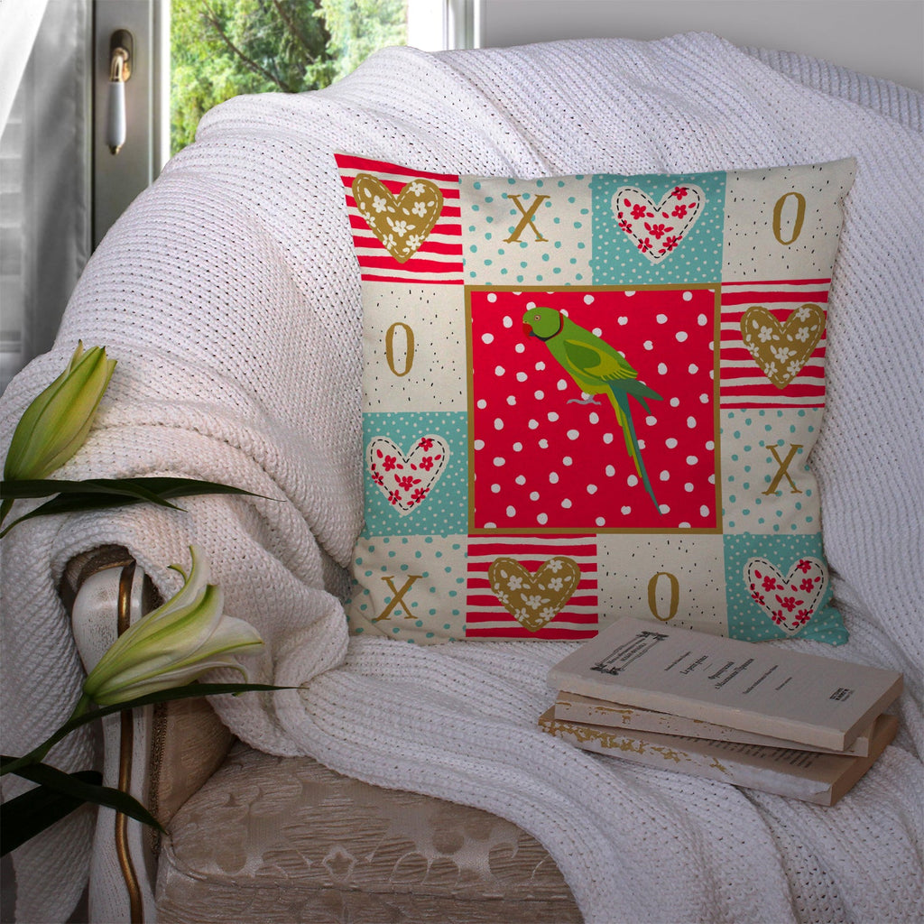 Ring-Necked Parakeet Love Decorative Throw Pillow 14x14 Indoor Outdoor Accent Cushion, Fabric Cover with Insert for Sofa, Bed, Porch & Living Room