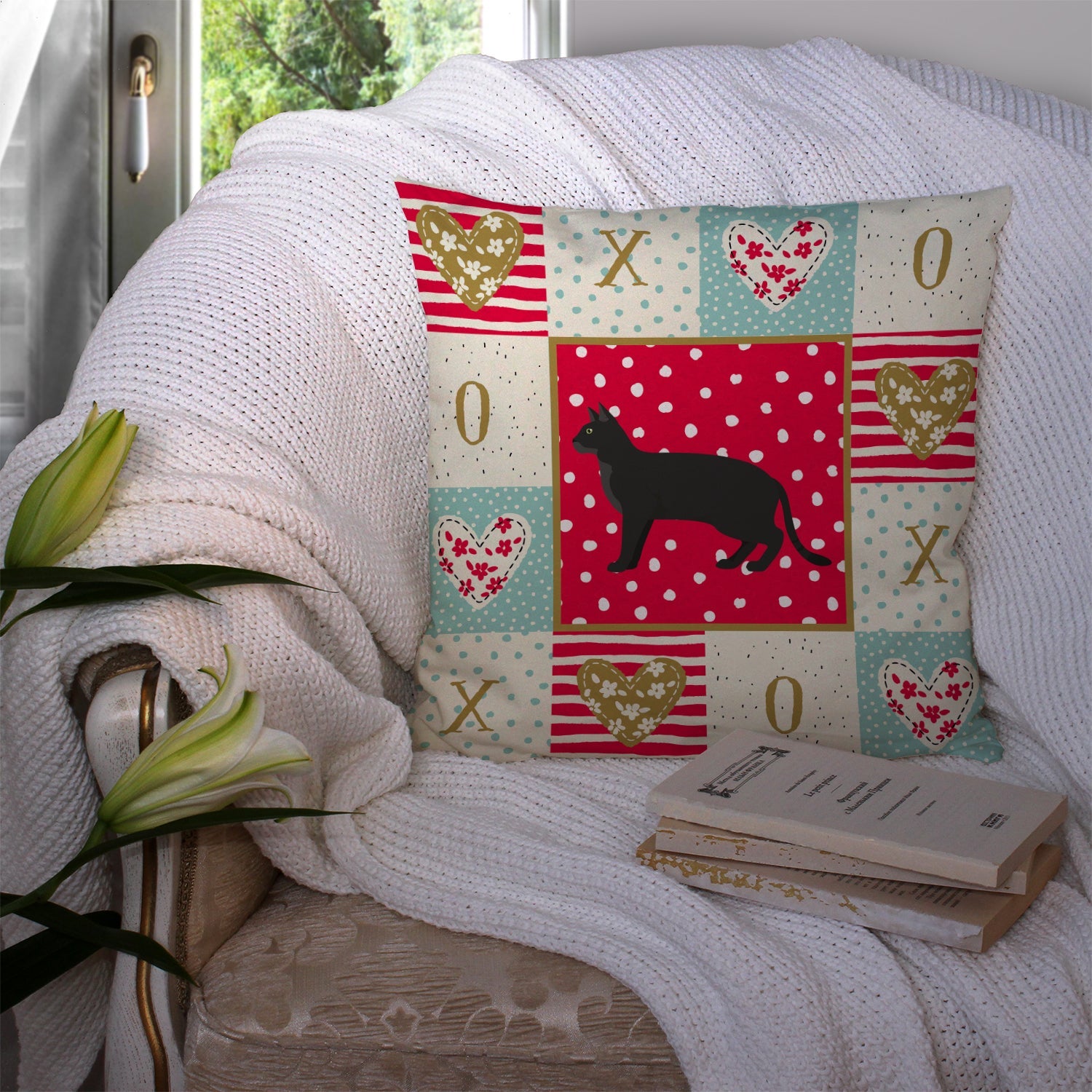 Chausie Black Cat Love Decorative Throw Pillow 14x14 Indoor Outdoor Accent Cushion, Fabric Cover with Insert for Sofa, Bed, Porch & Living Room