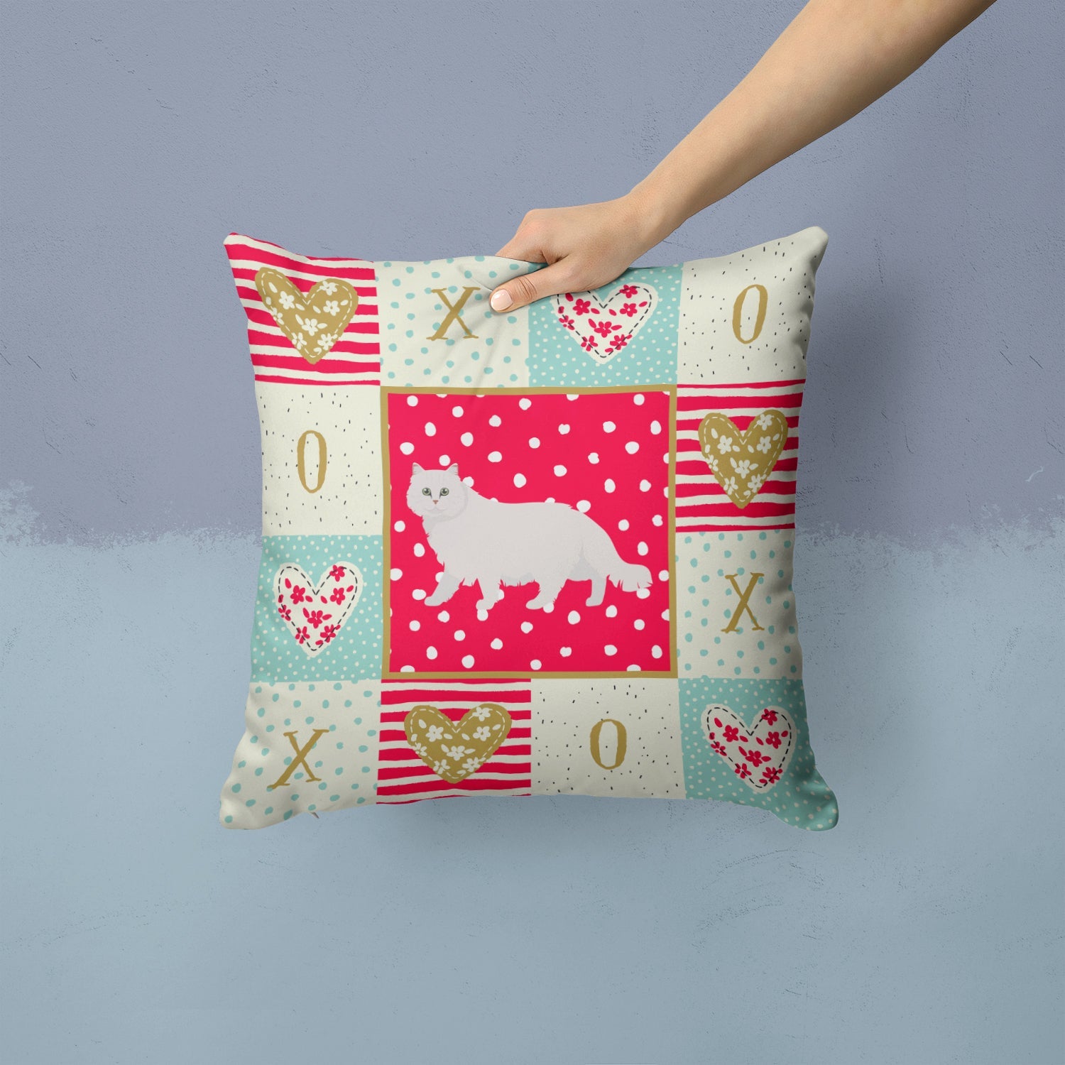 Chinchilla Persian Longhair Cat Love Decorative Throw Pillow 14x14 Indoor Outdoor Accent Cushion, Fabric Cover with Insert for Sofa, Bed, Porch & Living Room