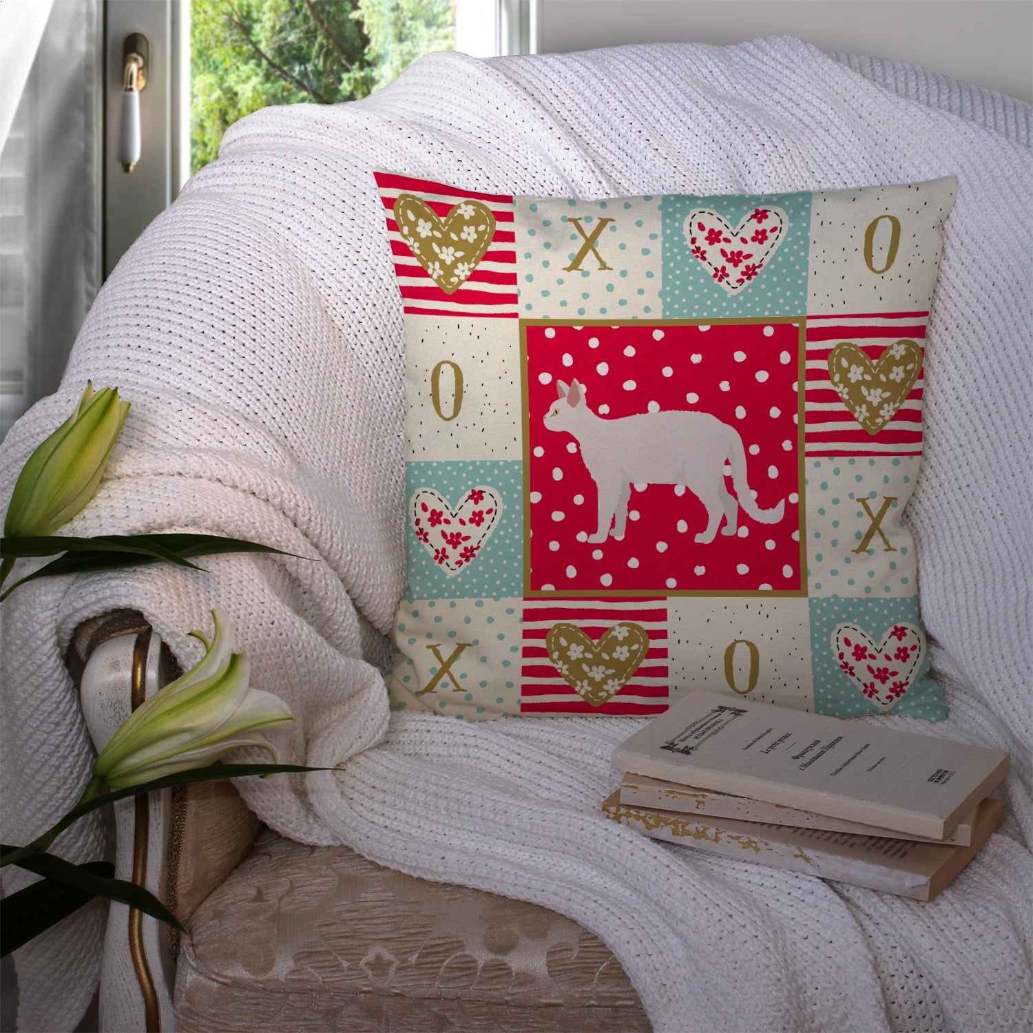 White Devon Rex Cat Love Decorative Throw Pillow 14x14 Indoor Outdoor Accent Cushion, Fabric Cover with Insert for Sofa, Bed, Porch & Living Room