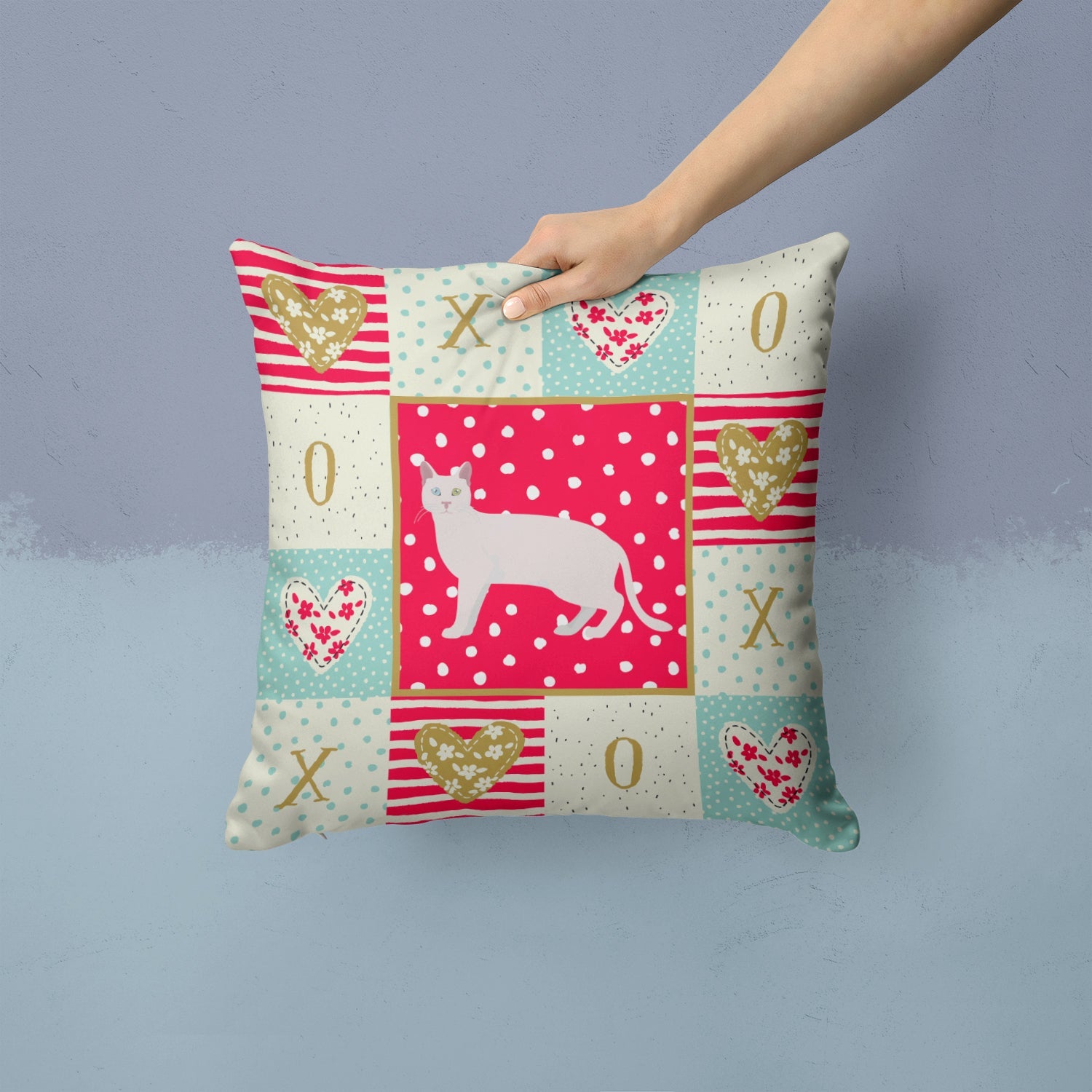 Khao Manee #1 Cat Love Decorative Throw Pillow 14x14 Indoor Outdoor Accent Cushion, Fabric Cover with Insert for Sofa, Bed, Porch & Living Room