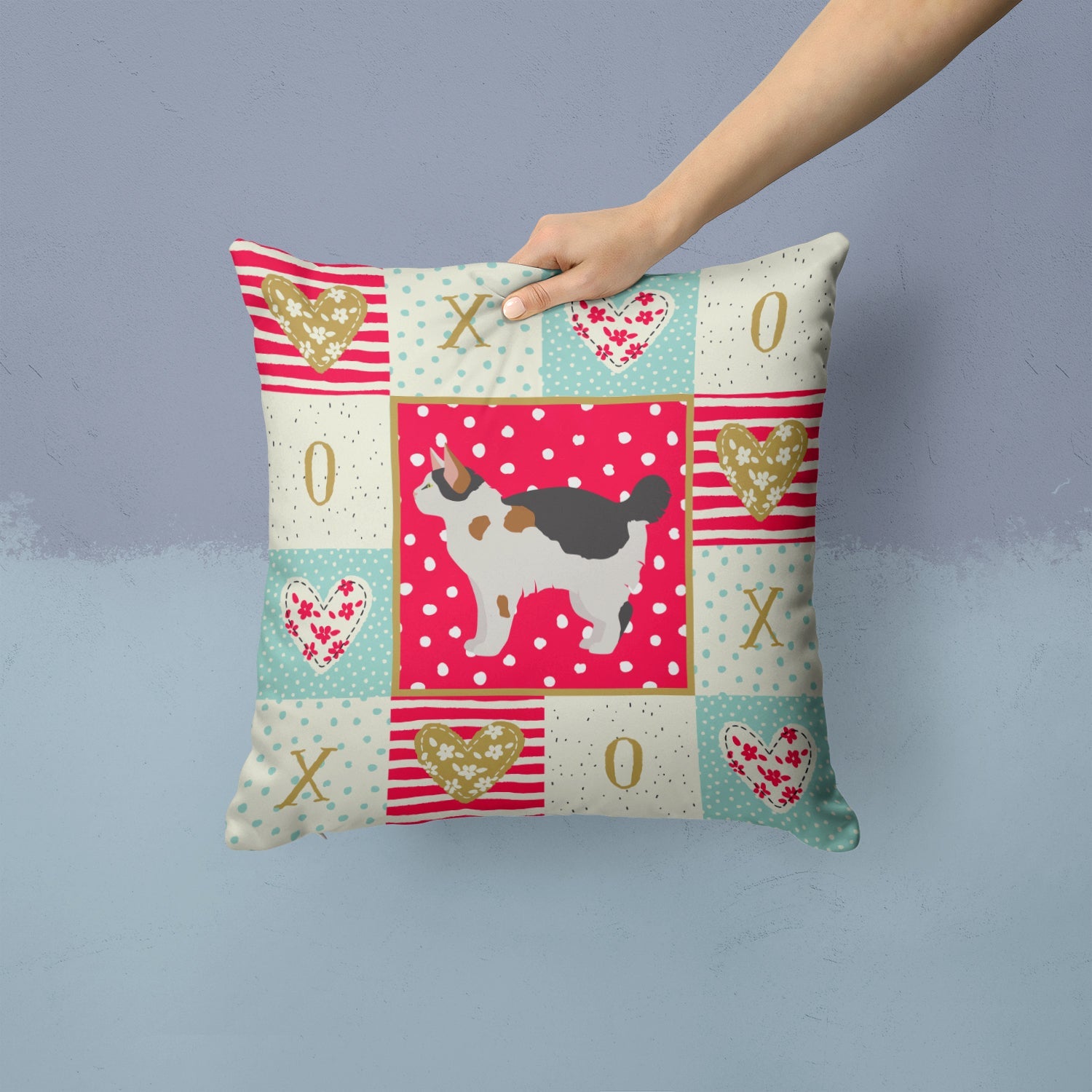 Manx #3 Cat Love Decorative Throw Pillow 14x14 Indoor Outdoor Accent Cushion, Fabric Cover with Insert for Sofa, Bed, Porch & Living Room