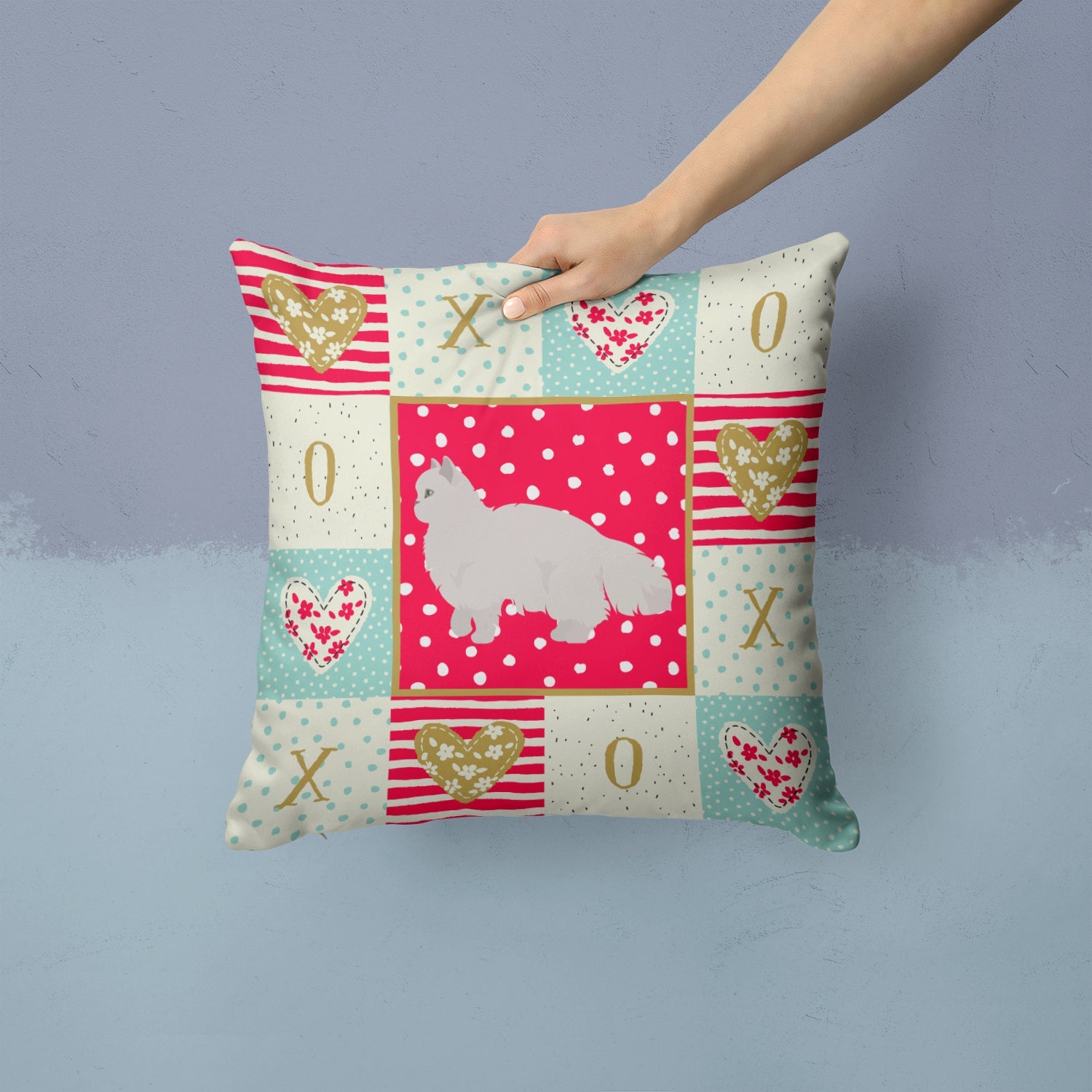 White Persian Traditional Cat Love Decorative Throw Pillow 14x14 Indoor Outdoor Accent Cushion, Fabric Cover with Insert for Sofa, Bed, Porch & Living Room