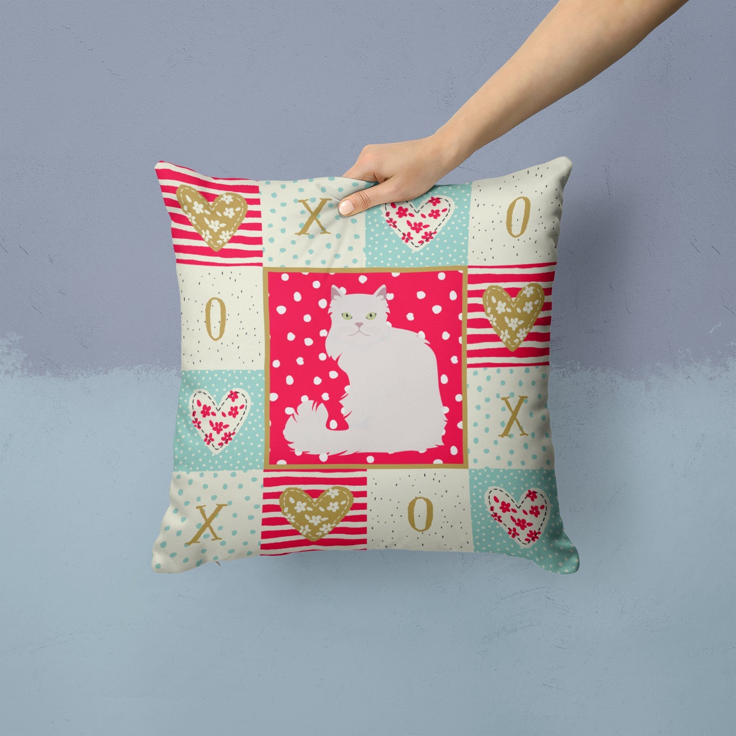 Asian Semi Longhaired Cat Love Decorative Throw Pillow 14x14 Indoor Outdoor Accent Cushion, Fabric Cover with Insert for Sofa, Bed, Porch & Living Room