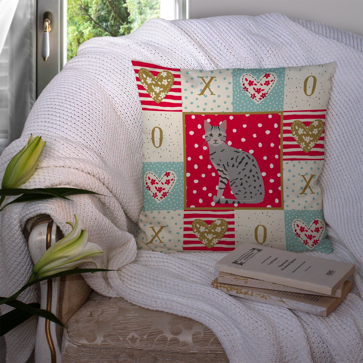 Egyptian Mau Cat Love Decorative Throw Pillow 14x14 Indoor Outdoor Accent Cushion, Fabric Cover with Insert for Sofa, Bed, Porch & Living Room