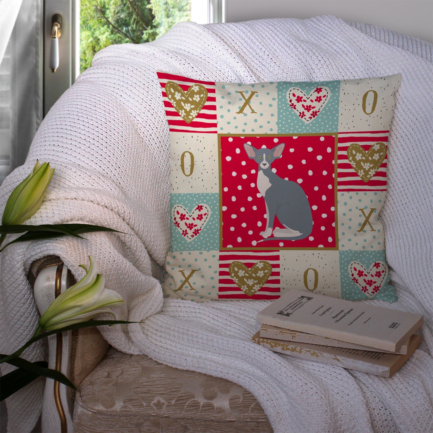 Peterbald Cat Love Decorative Throw Pillow 14x14 Indoor Outdoor Accent Cushion, Fabric Cover with Insert for Sofa, Bed, Porch & Living Room