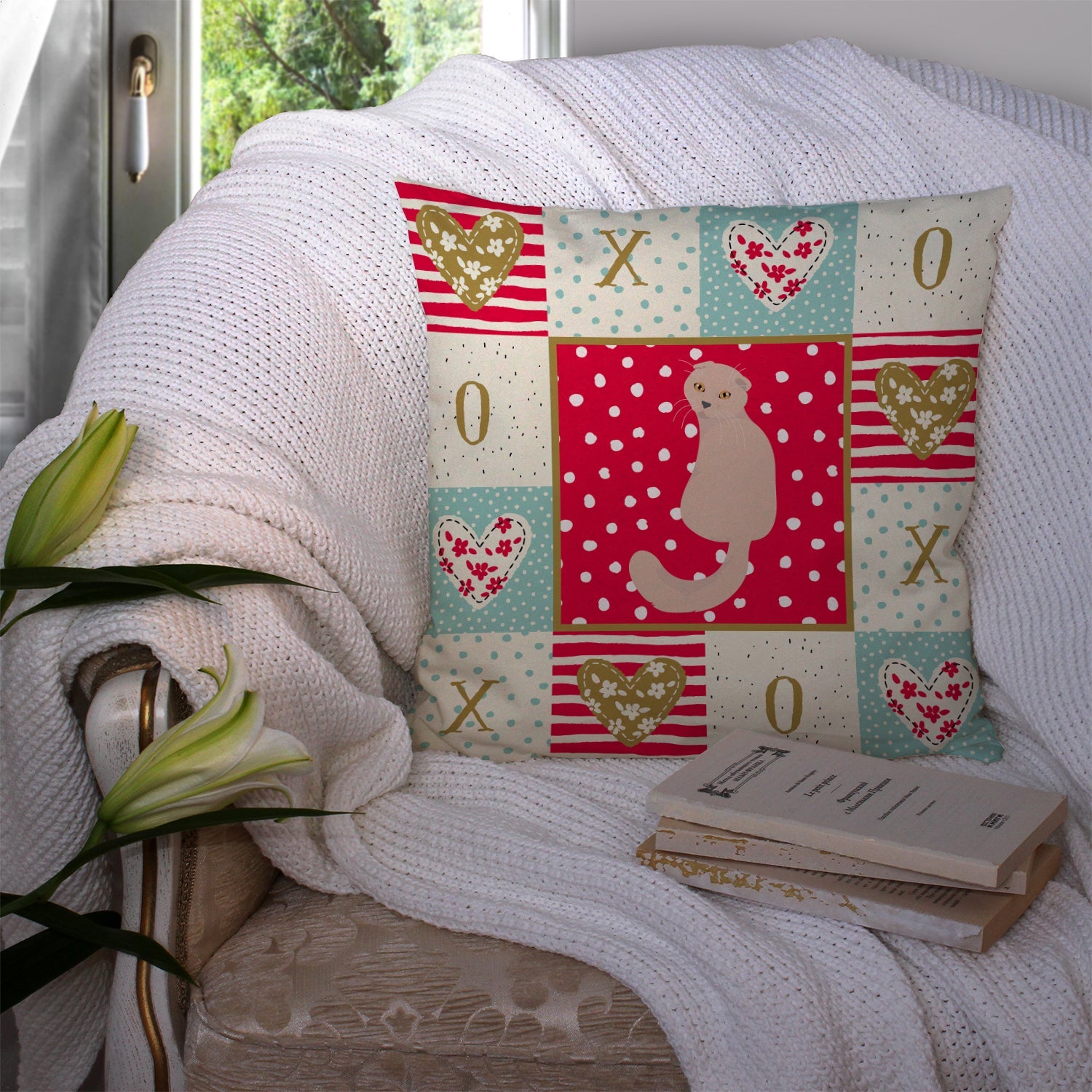 Scottish Fold Cat Love Decorative Throw Pillow 14x14 Indoor Outdoor Accent Cushion, Fabric Cover with Insert for Sofa, Bed, Porch & Living Room