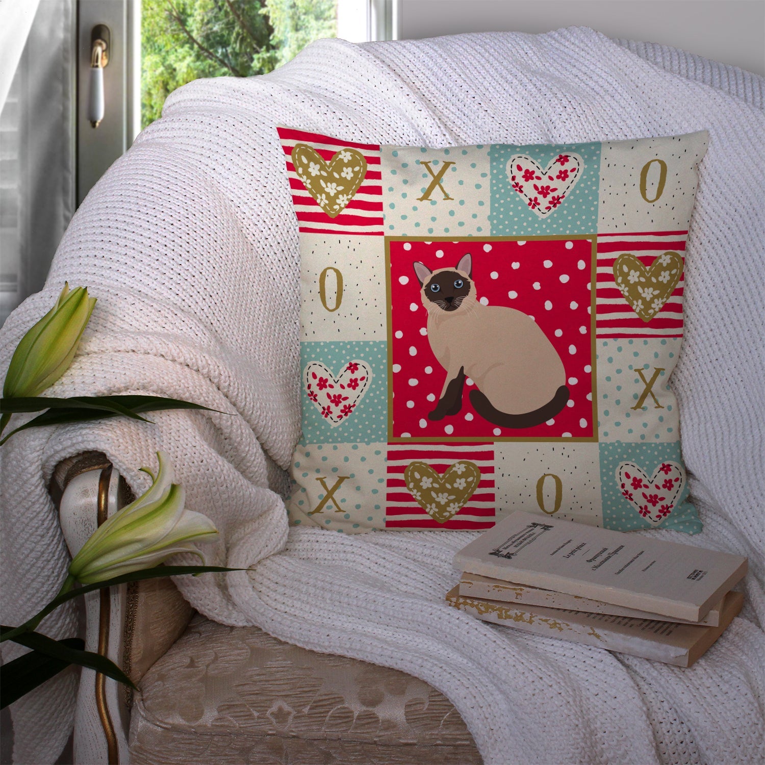 Siamese Traditional Cat Love Decorative Throw Pillow 14x14 Indoor Outdoor Accent Cushion, Fabric Cover with Insert for Sofa, Bed, Porch & Living Room