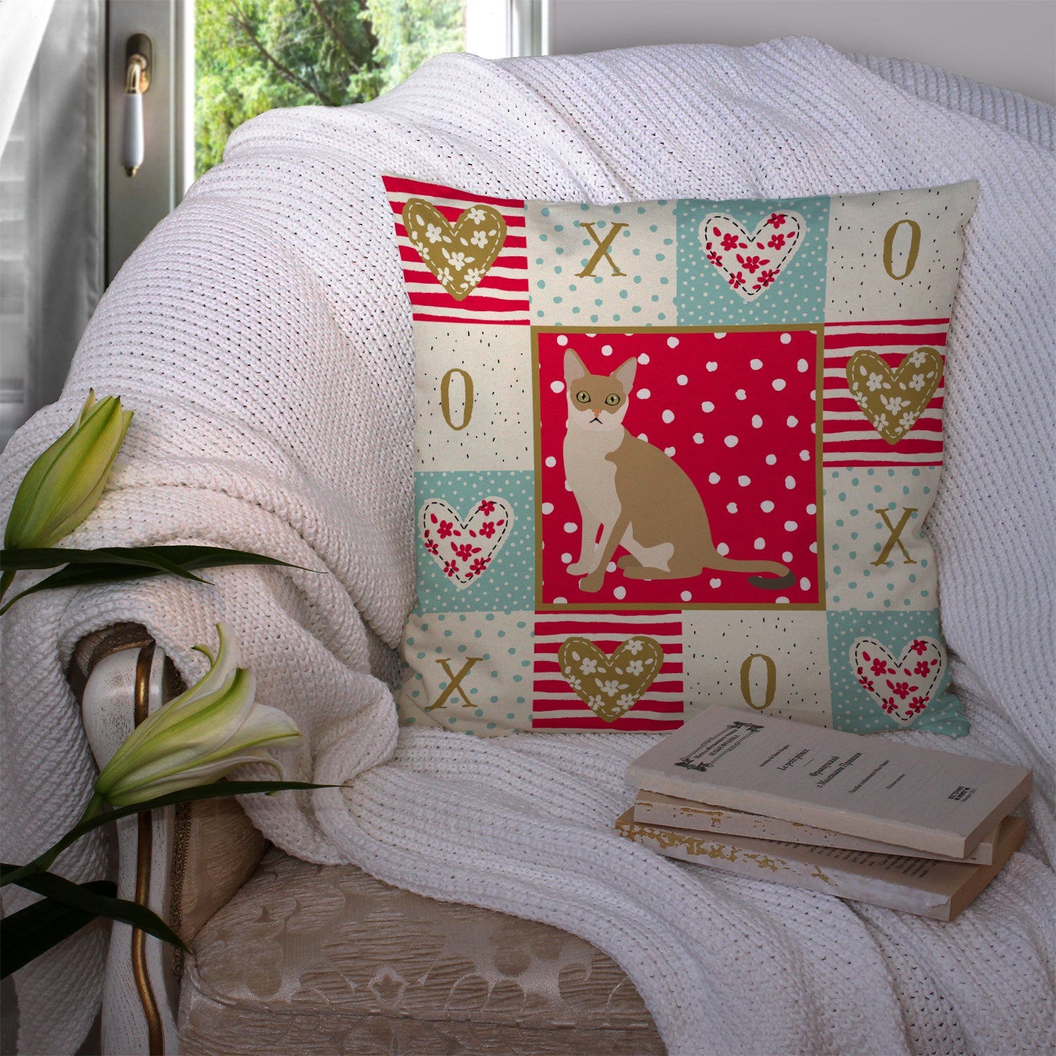 Singapura Cat Love Decorative Throw Pillow 14x14 Indoor Outdoor Accent Cushion, Fabric Cover with Insert for Sofa, Bed, Porch & Living Room