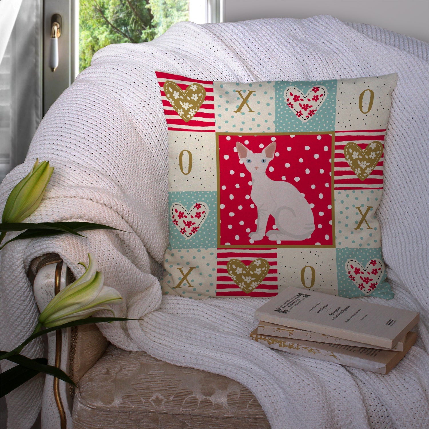 Sphynx Cat Love Decorative Throw Pillow 14x14 Indoor Outdoor Accent Cushion, Fabric Cover with Insert for Sofa, Bed, Porch & Living Room