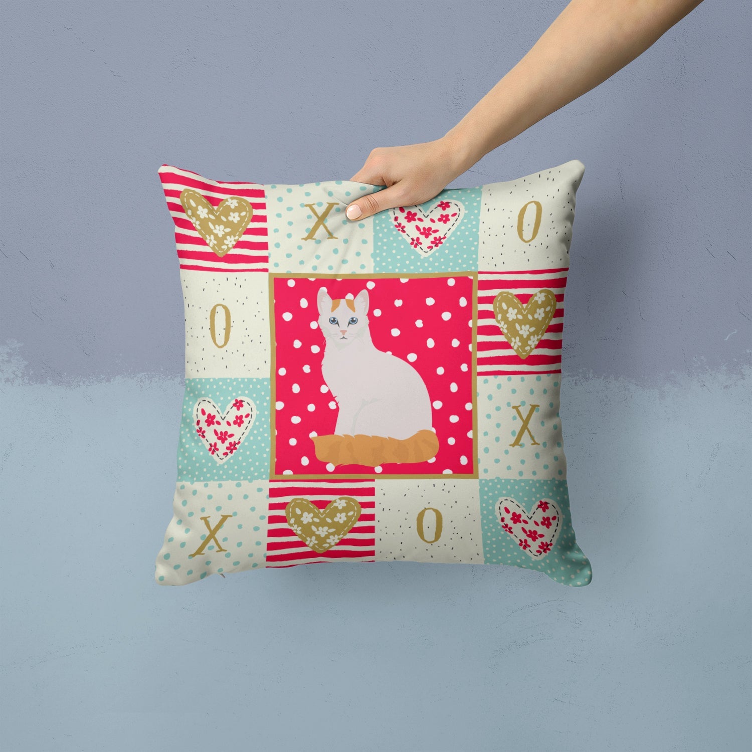 Turkish Van Cat Love Decorative Throw Pillow 14x14 Indoor Outdoor Accent Cushion, Fabric Cover with Insert for Sofa, Bed, Porch & Living Room