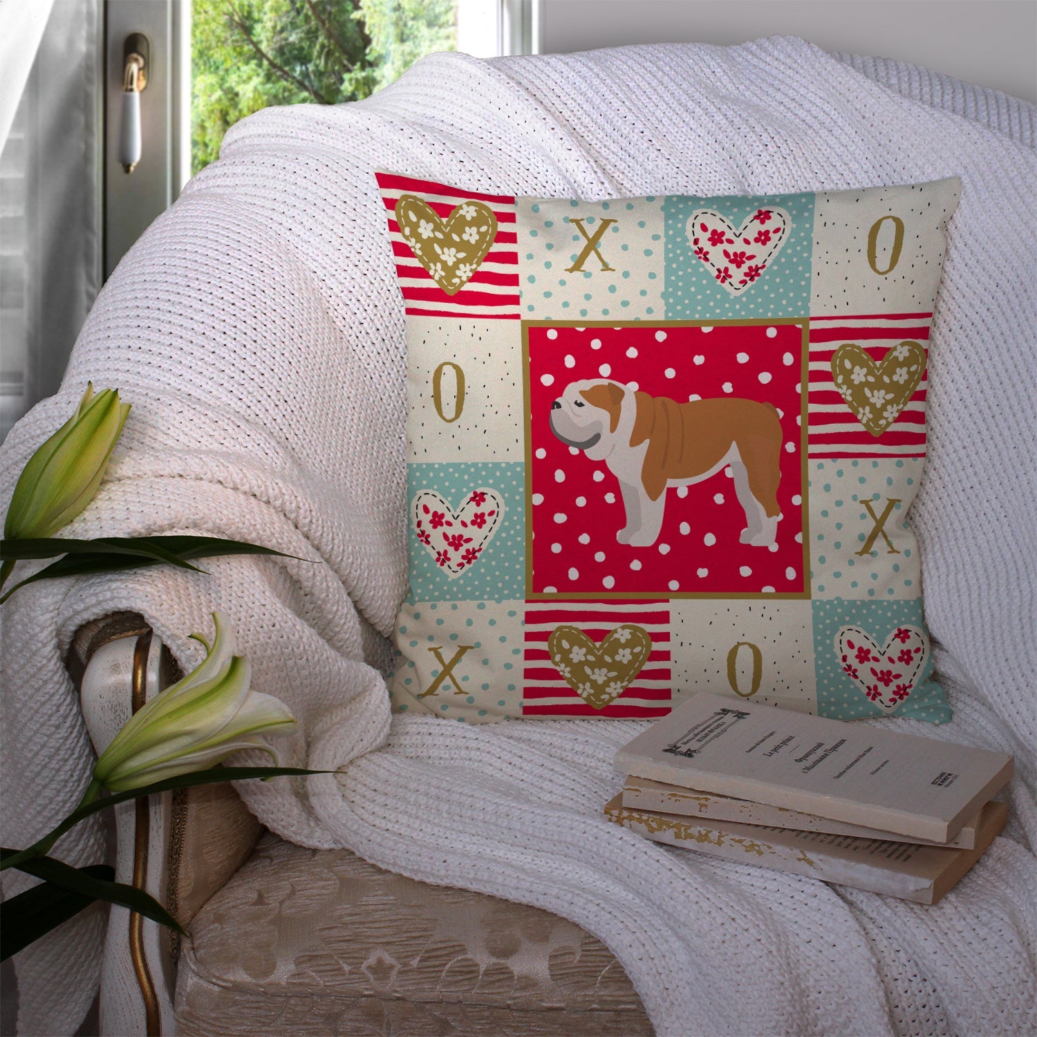 English Bulldog #1 Love Decorative Throw Pillow 14x14 Indoor Outdoor Accent Cushion, Fabric Cover with Insert for Sofa, Bed, Porch & Living Room