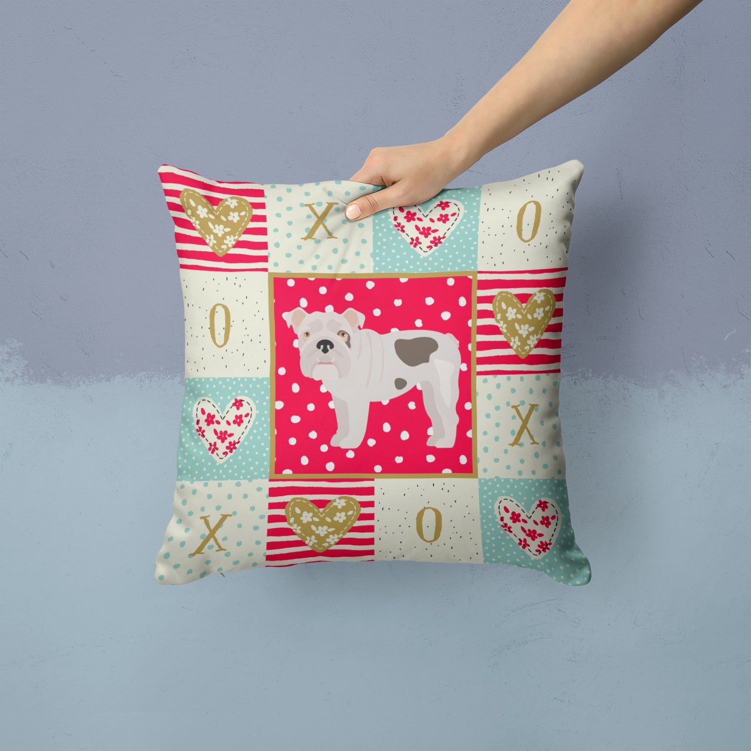 English Bulldog #2 Love Decorative Throw Pillow 14x14 Indoor Outdoor Accent Cushion, Fabric Cover with Insert for Sofa, Bed, Porch & Living Room