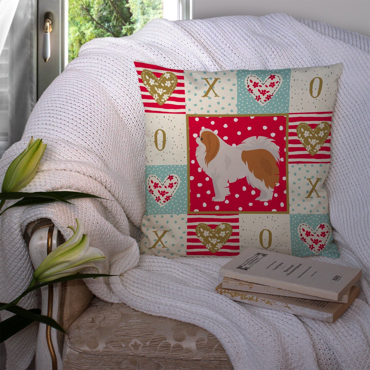 Japanese Chin #1 Love Decorative Throw Pillow 14x14 Indoor Outdoor Accent Cushion, Fabric Cover with Insert for Sofa, Bed, Porch & Living Room