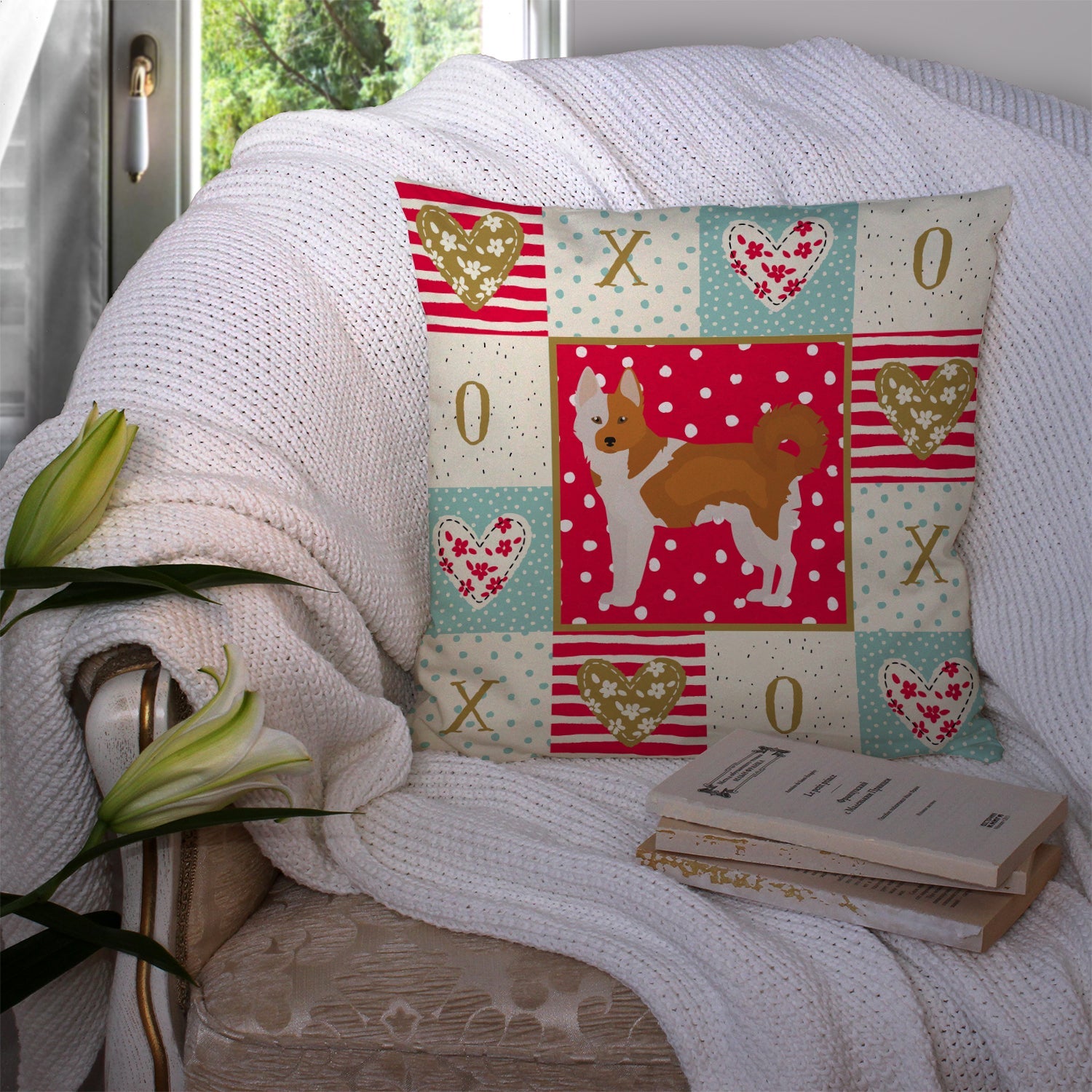 Nordic Spitz Love Decorative Throw Pillow 14x14 Indoor Outdoor Accent Cushion, Fabric Cover with Insert for Sofa, Bed, Porch & Living Room