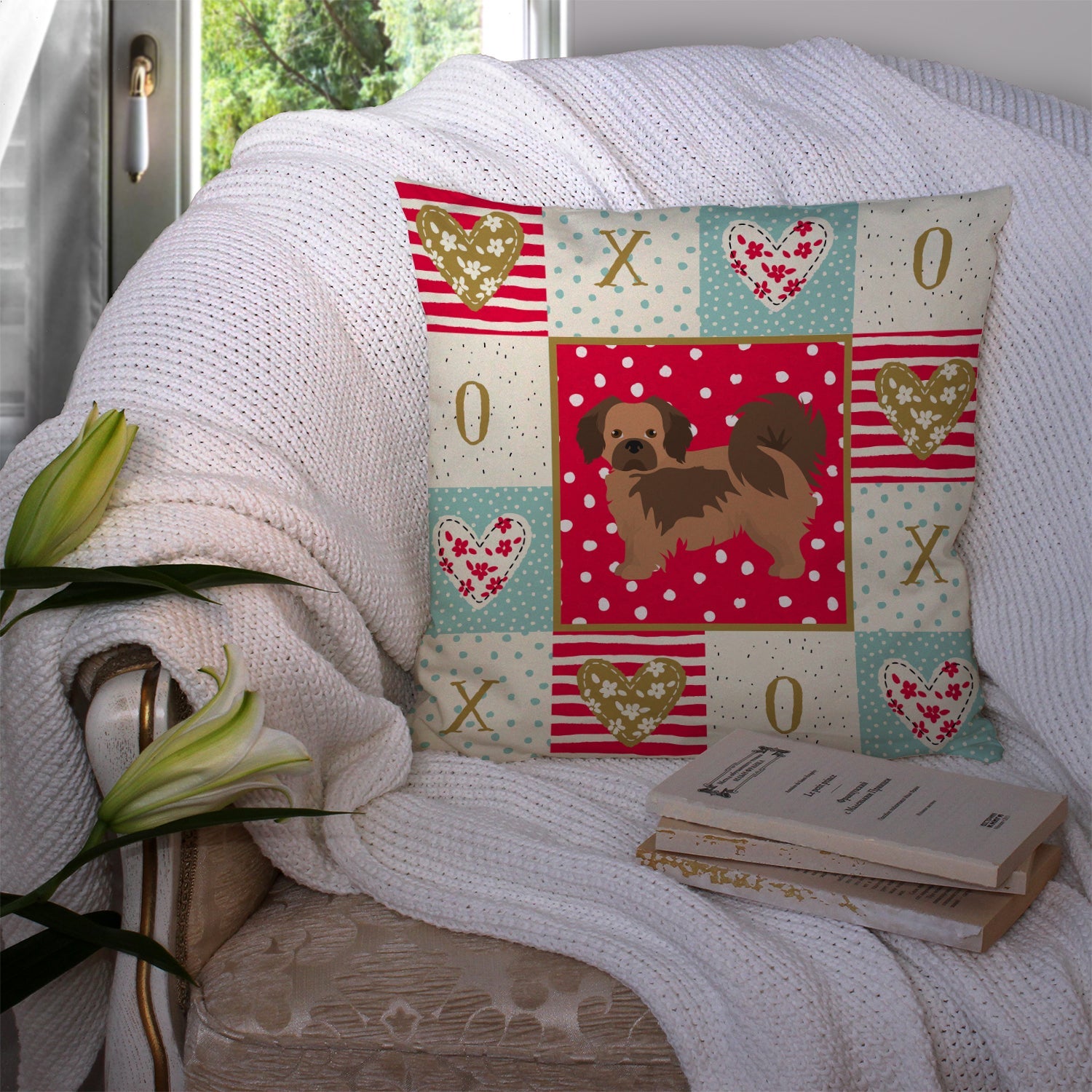 Tibetan Spaniel Love Decorative Throw Pillow 14x14 Indoor Outdoor Accent Cushion, Fabric Cover with Insert for Sofa, Bed, Porch & Living Room