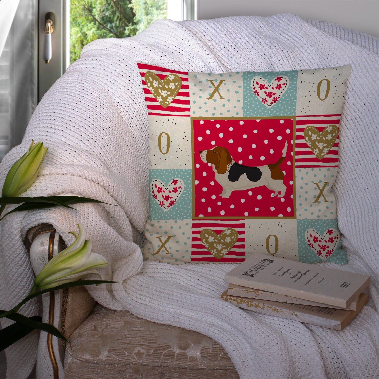 Basset Hound Love Decorative Throw Pillow 14x14 Indoor Outdoor Accent Cushion, Fabric Cover with Insert for Sofa, Bed, Porch & Living Room