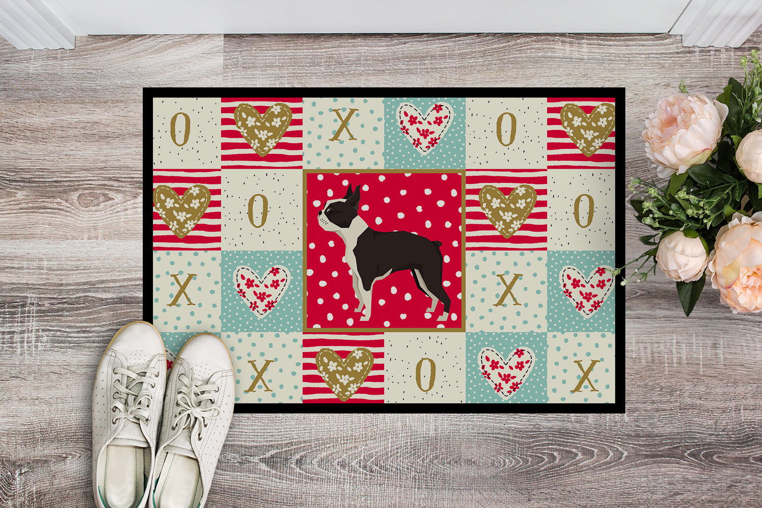 Boston Terrier Love Doormat Indoor Outdoor 18H X 27W Front Door Mat Rugs for Entryway, Non Slip Washable